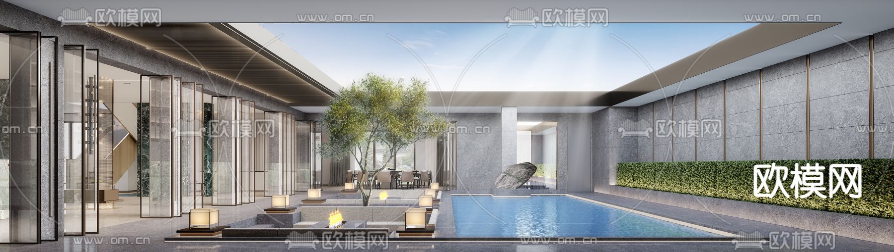 现代酒店泳池休闲区3d模型下载