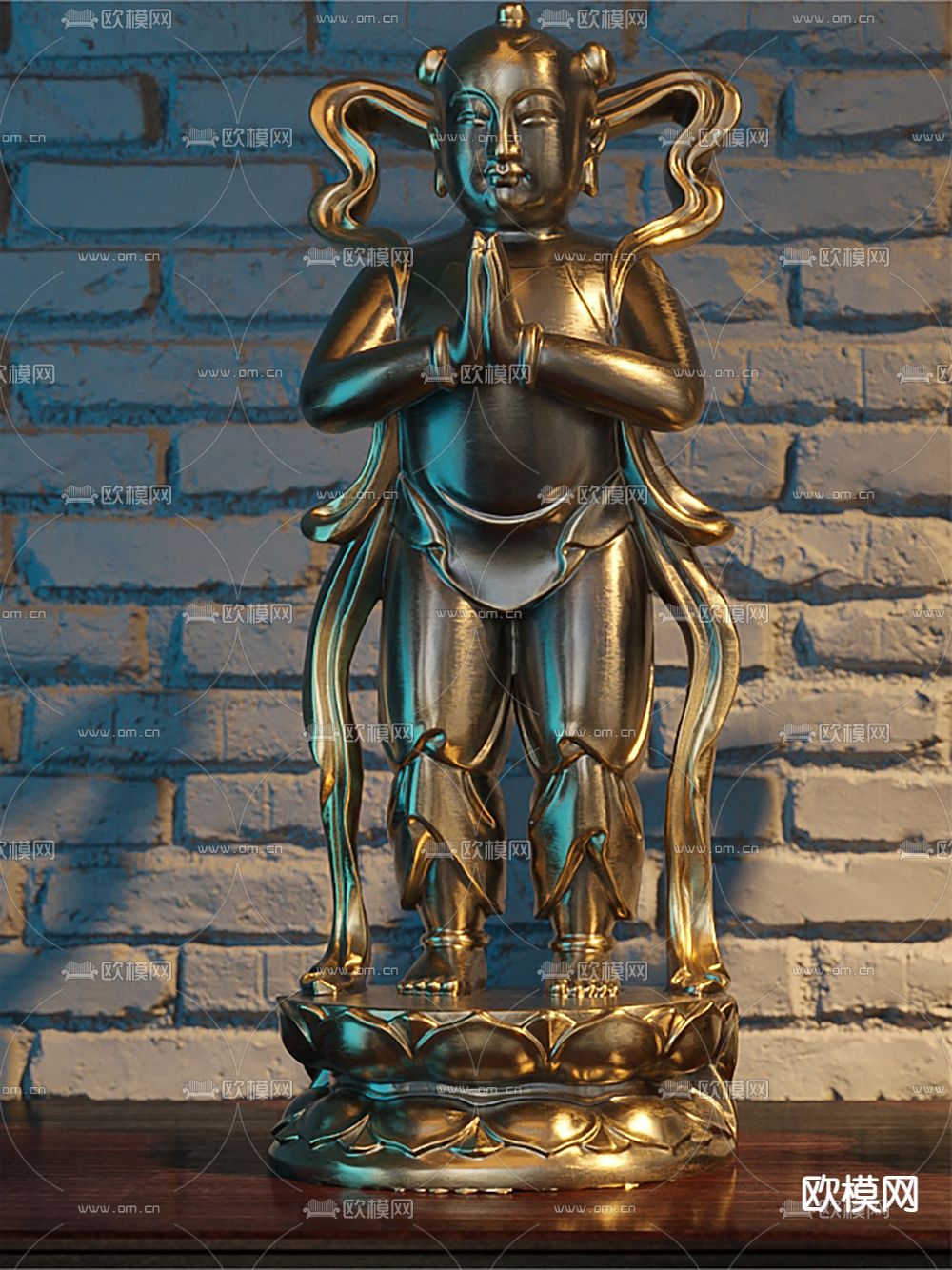 中式仙童仙女雕塑3d模型下载（渲染图2）