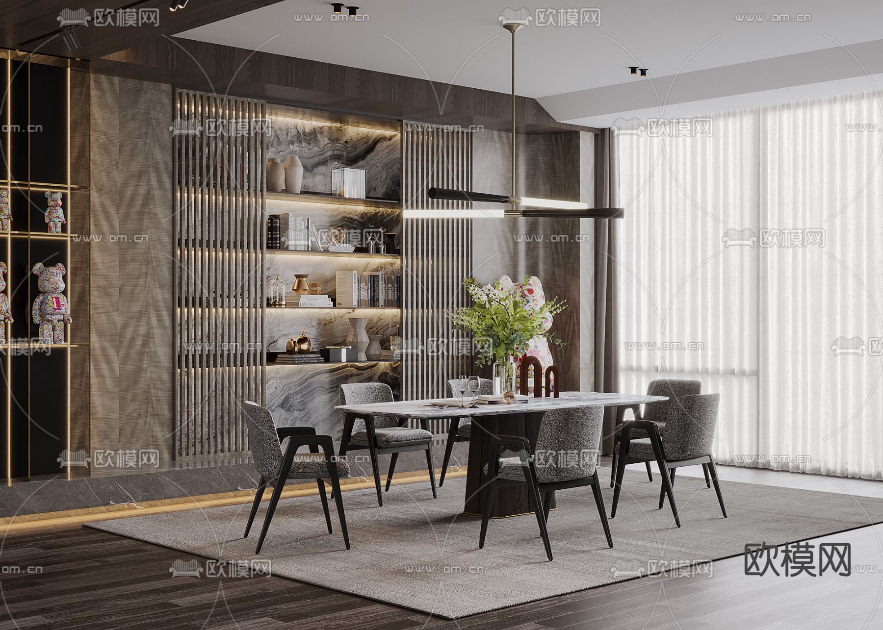 poliform条形餐桌椅3d模型下载（渲染图1）