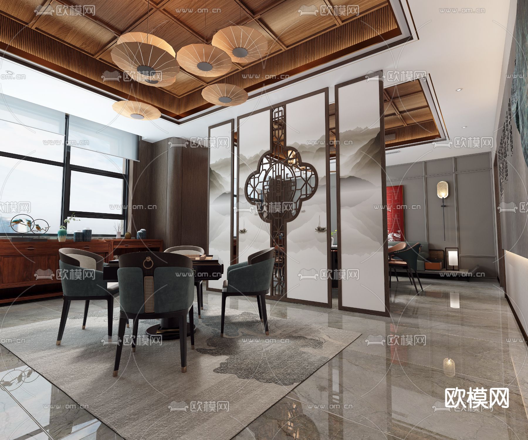 新中式接待室 棋牌室3d模型下载（渲染图3）