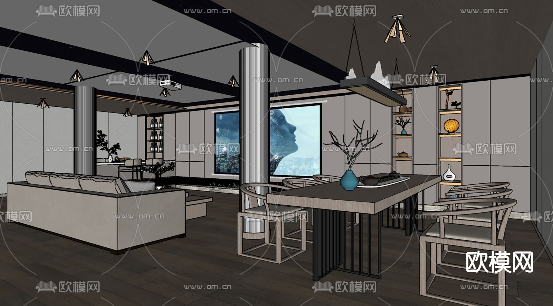 新中式视听室 影音室su模型下载（渲染图5）