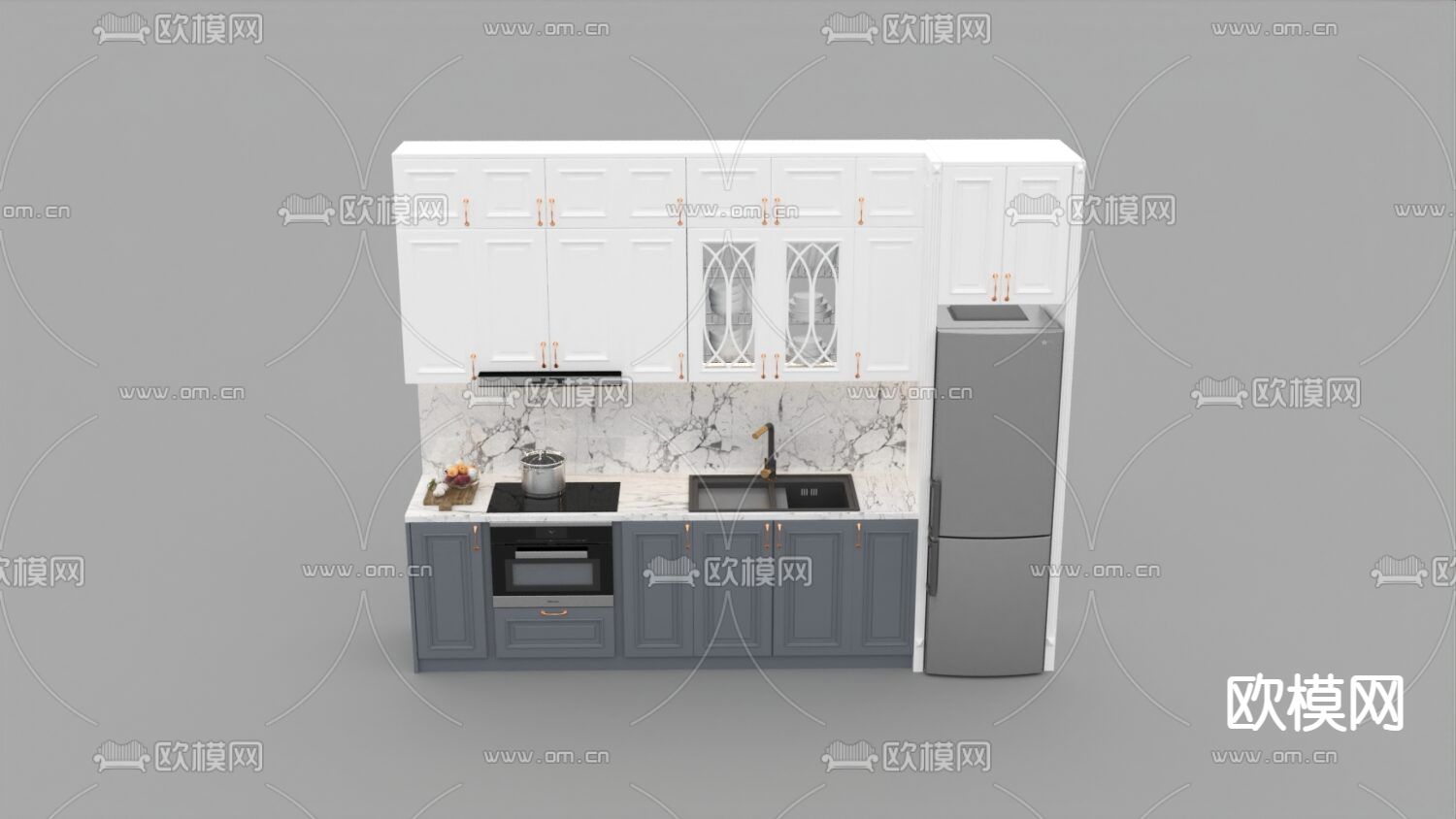 美式简约实木大理石橱柜免费3d模型下载