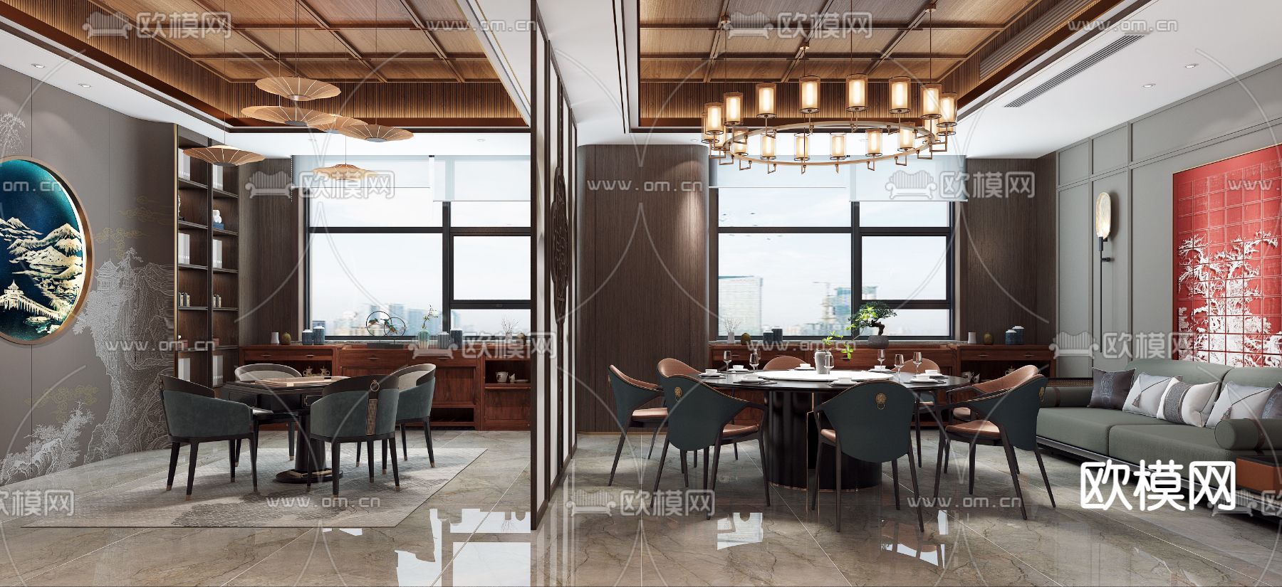新中式接待室 棋牌室3d模型下载（渲染图1）