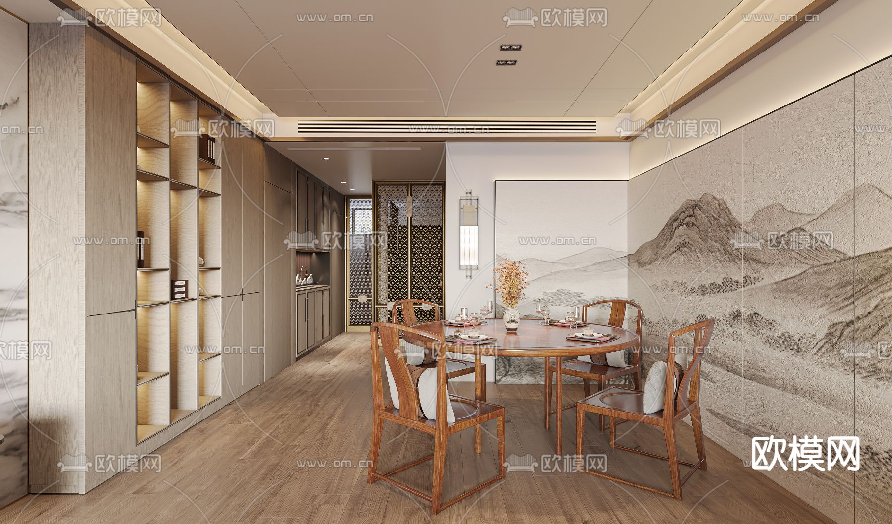 新中式轻奢客餐厅3d模型下载（渲染图2）