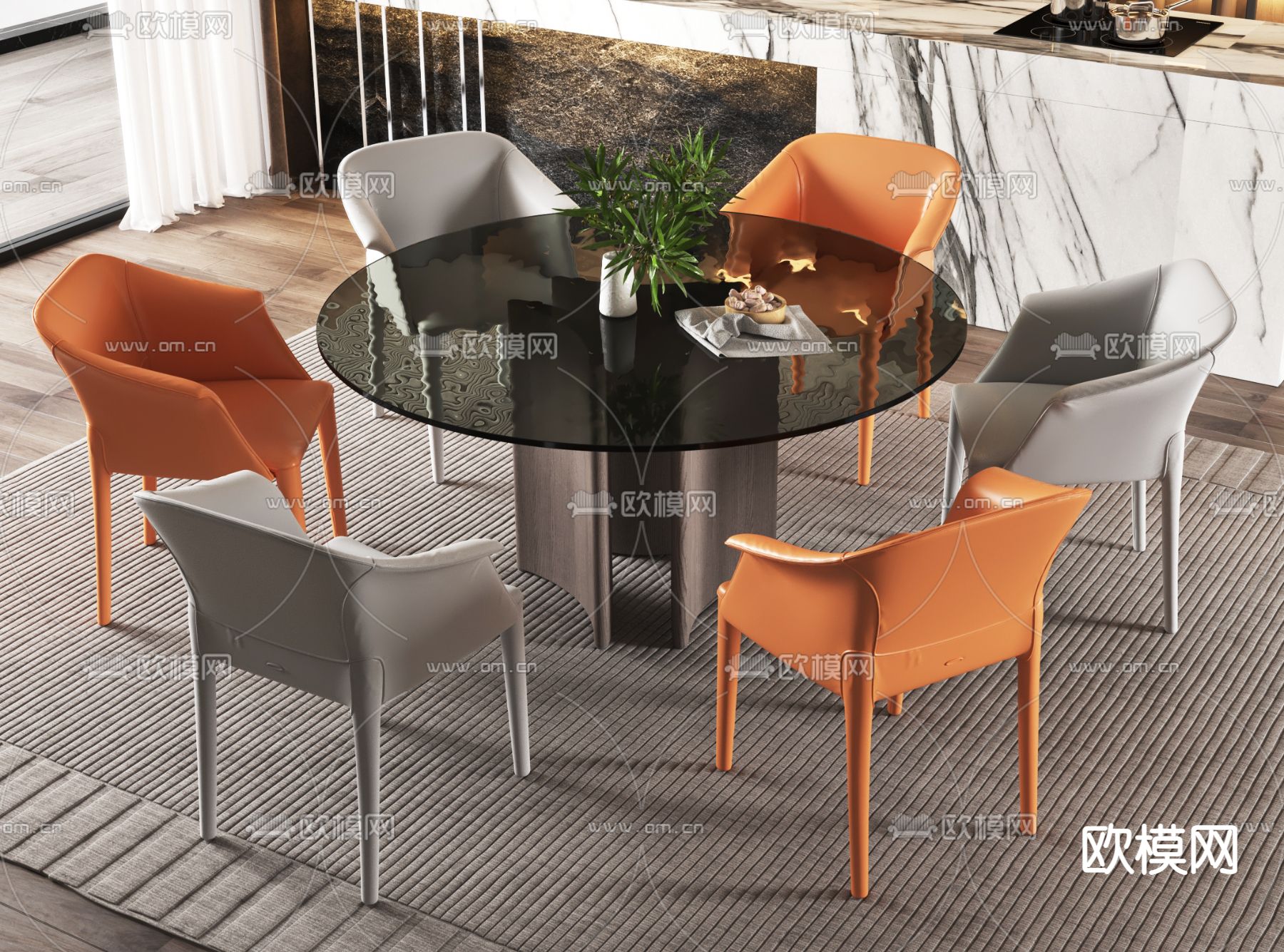 现代圆形餐桌椅3d模型下载（渲染图2）