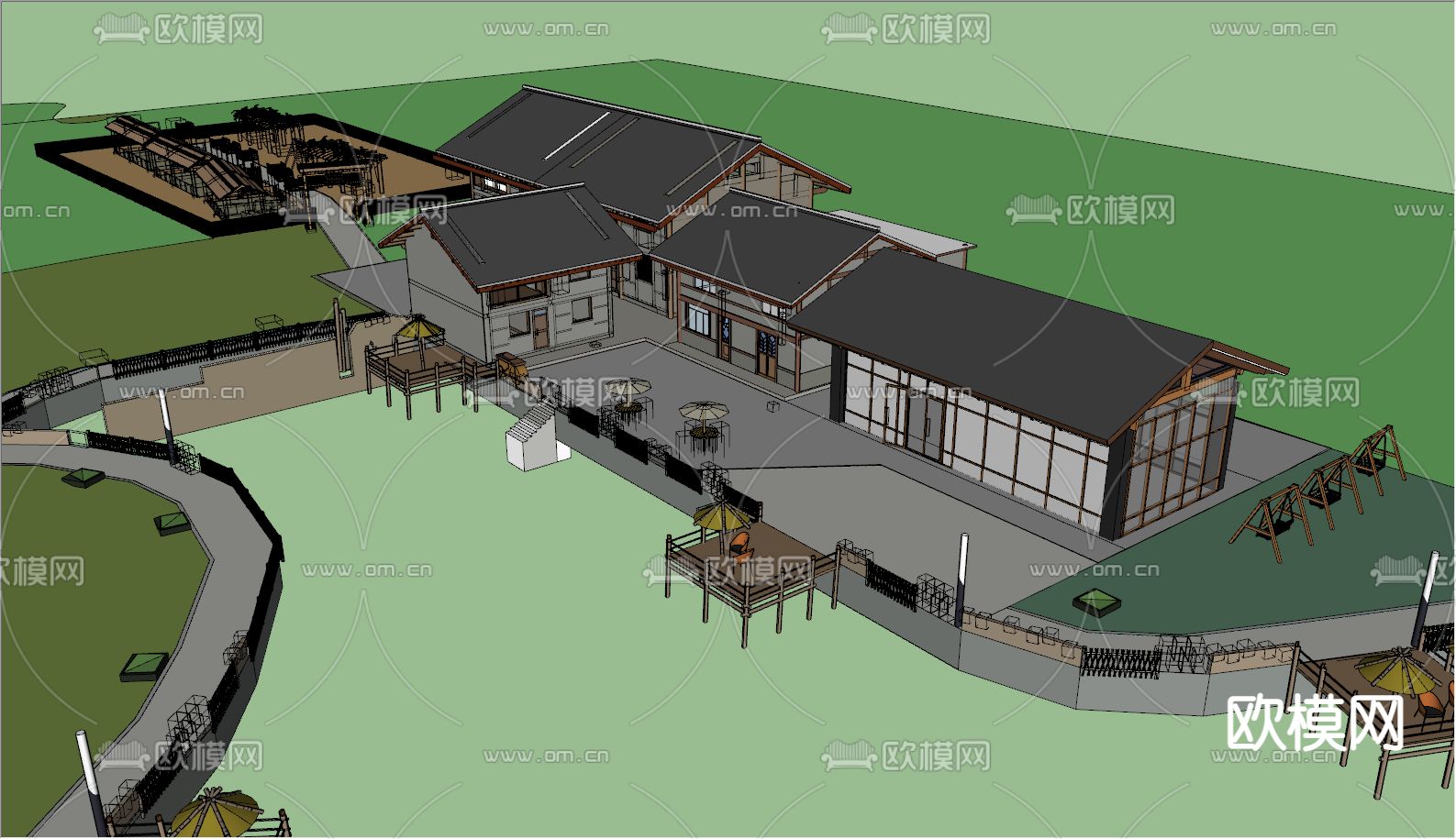 中式农家乐鱼塘su模型下载（渲染图2）