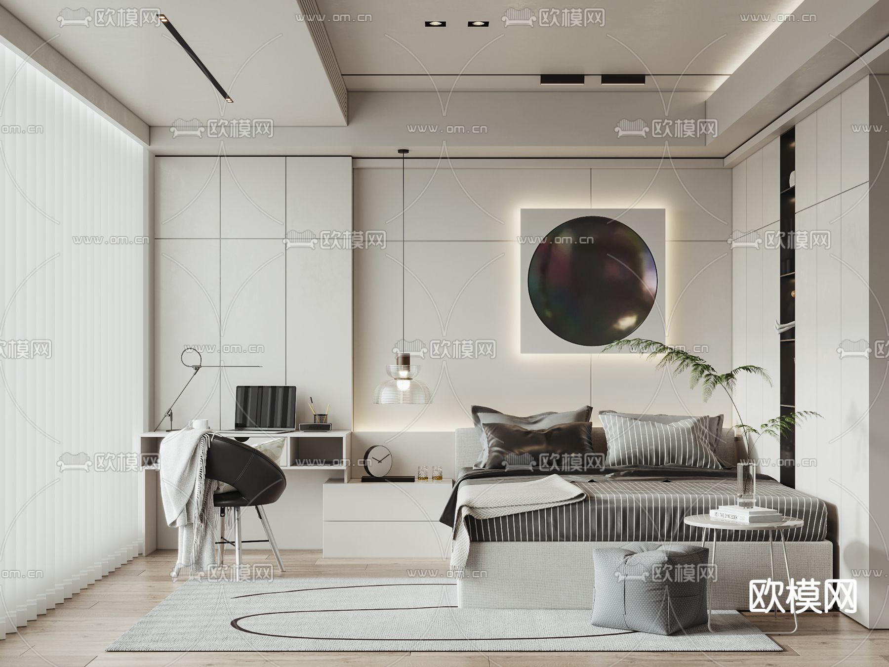 现代奶油风卧室 客房3d模型下载_ID12120790_3dmax免费模型-欧模网