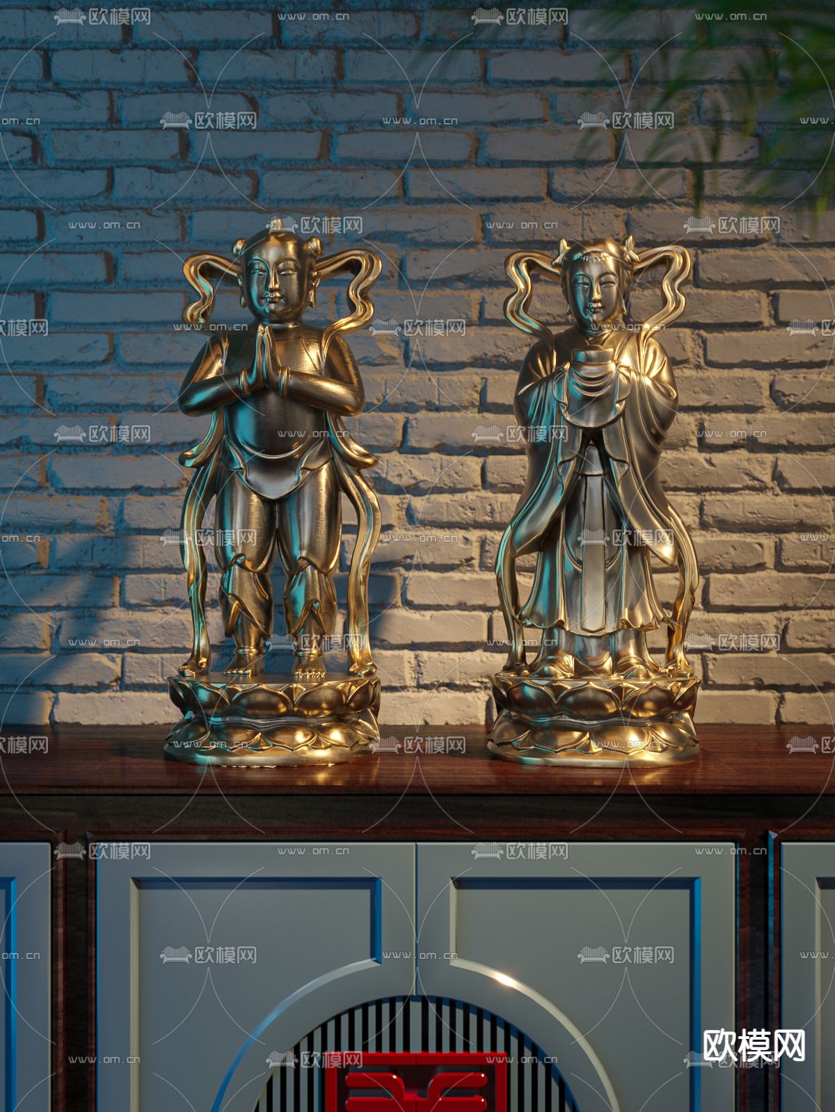 中式仙童仙女雕塑3d模型下载（渲染图1）