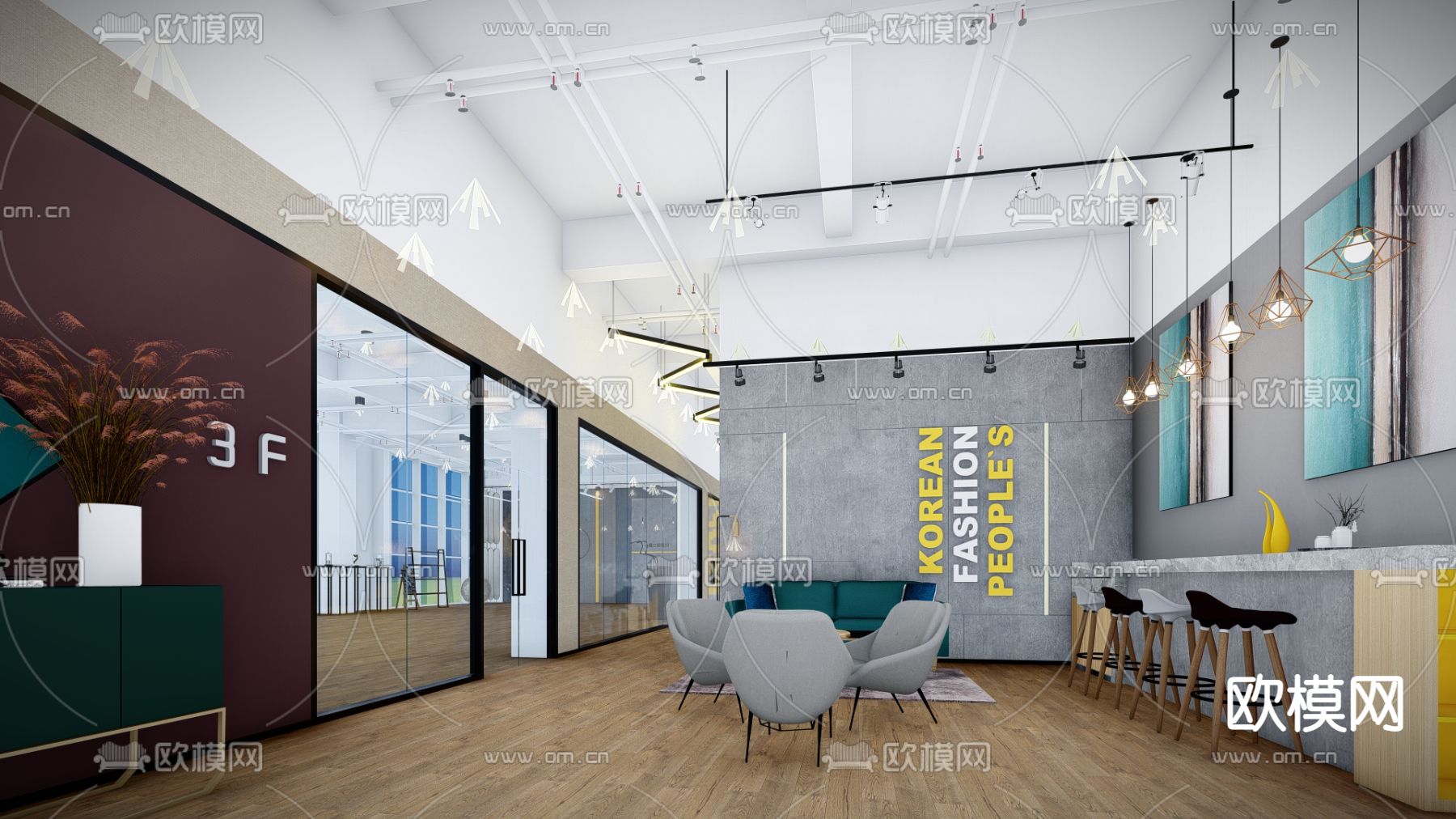 现代室内装修工作室su模型下载（渲染图3）