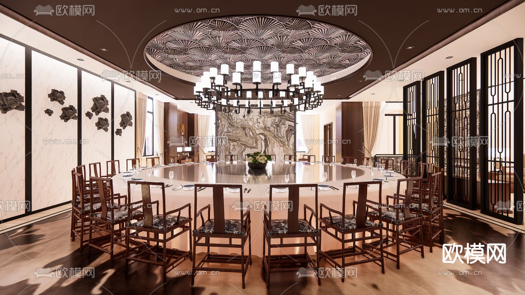 新中式餐厅包房su模型下载（渲染图1）