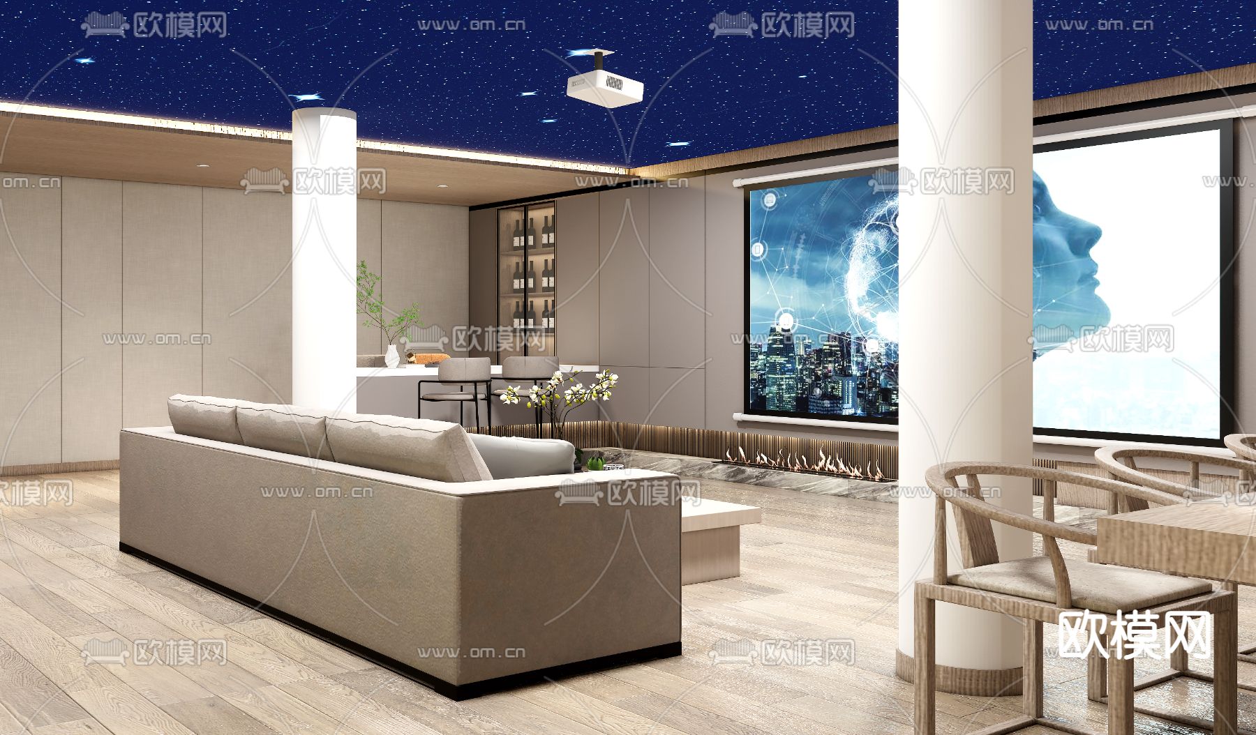 新中式视听室 影音室su模型下载（渲染图3）