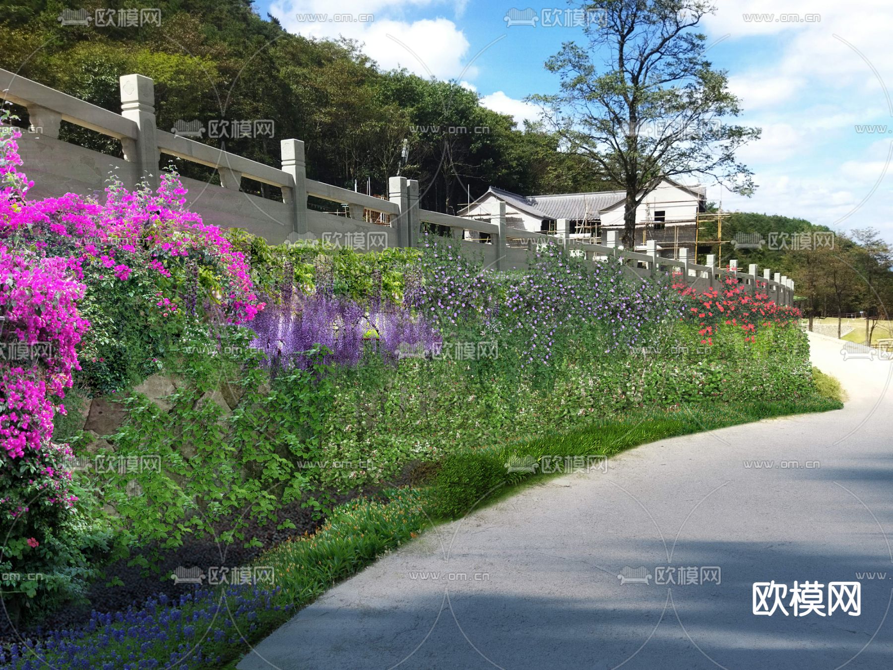 现代道路花卉植物堆psd下载