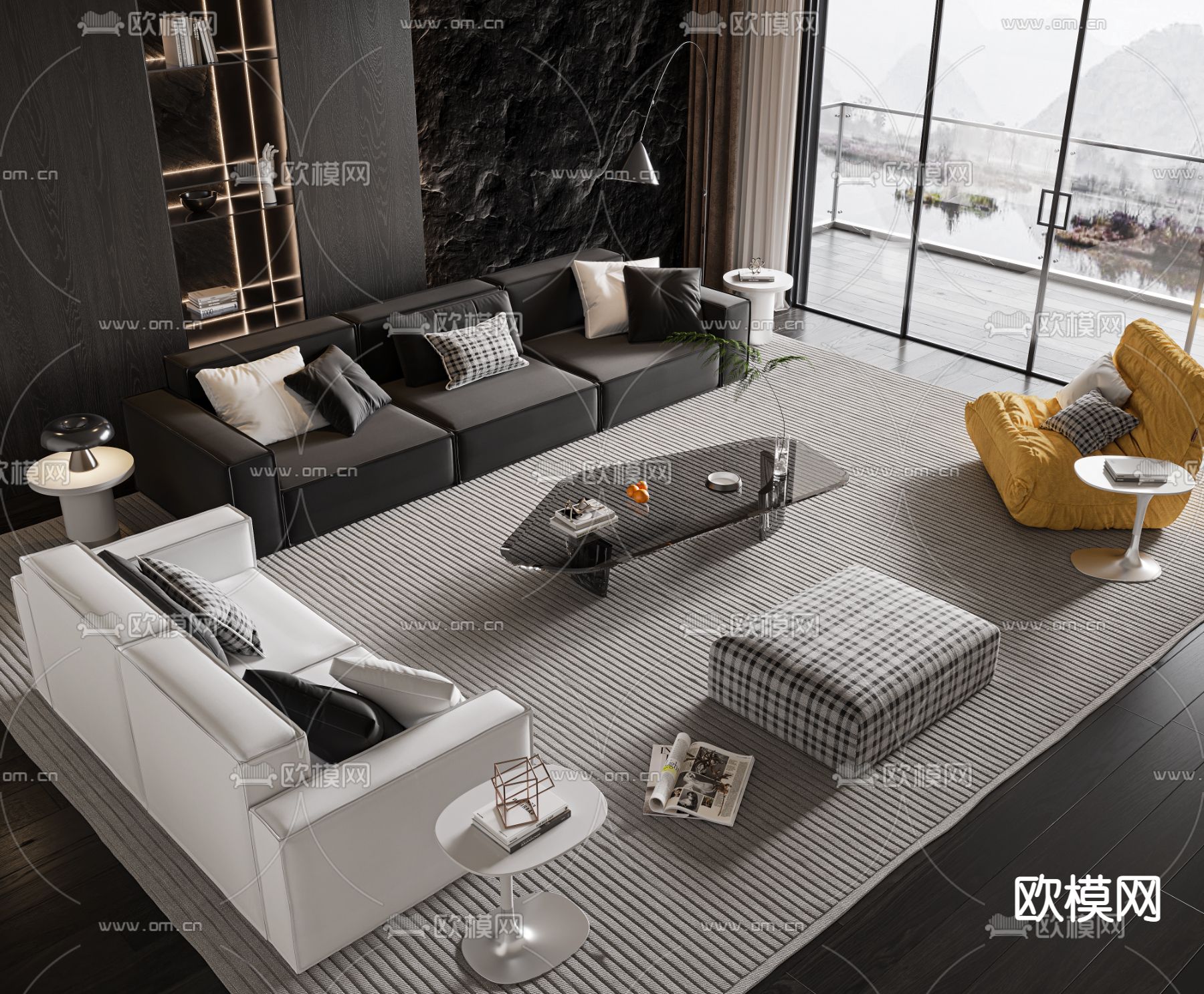 现代豆腐块组合沙发su模型下载（渲染图1）