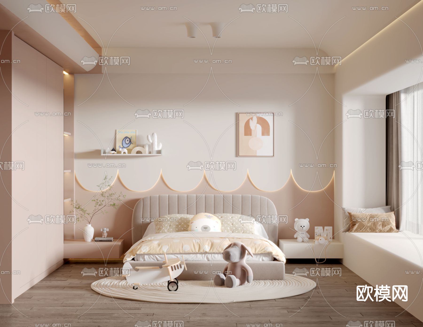 奶油风女孩房儿童房3d模型下载_ID12123148_3dmax免费模型-欧模网