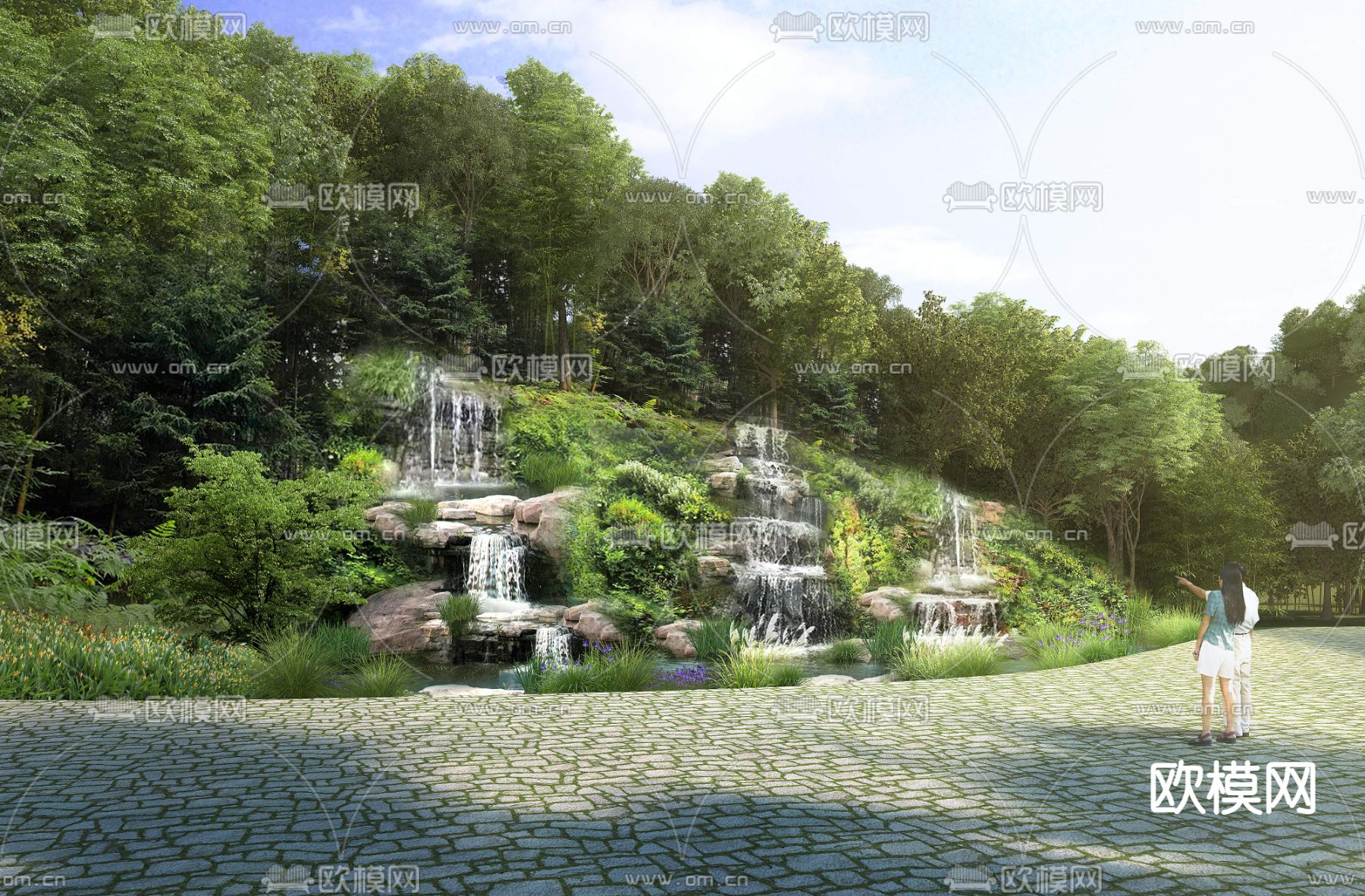 现代山间植物堆假石流水psd下载