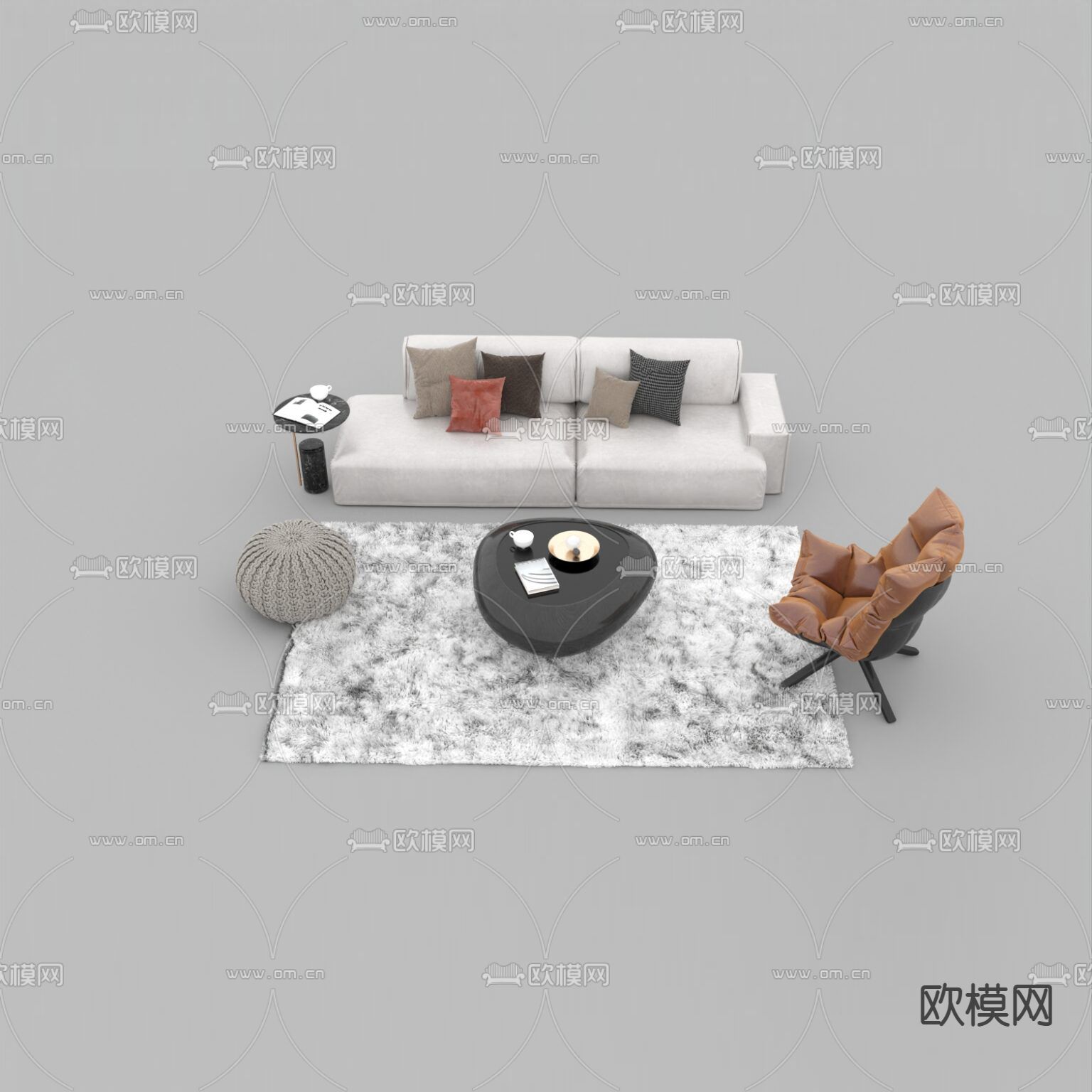 现代简约皮革布艺沙发组合免费3d模型下载