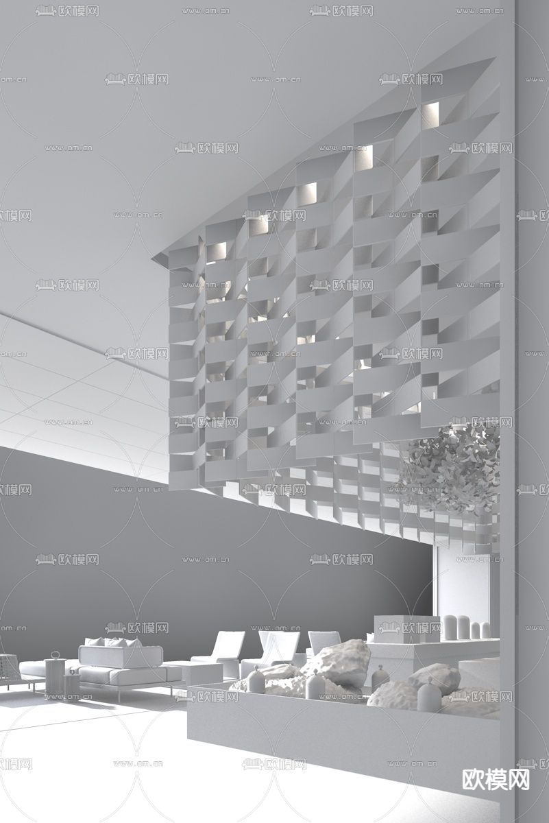 矩阵纵横设计 新中式售楼处洽谈区3d模型下载（渲染图2）