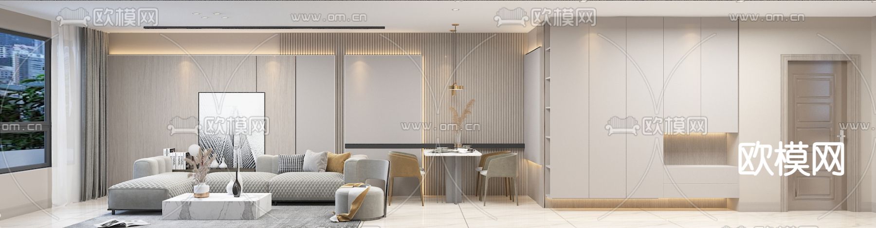 奶油风客厅餐厅免费3d模型下载（渲染图5）