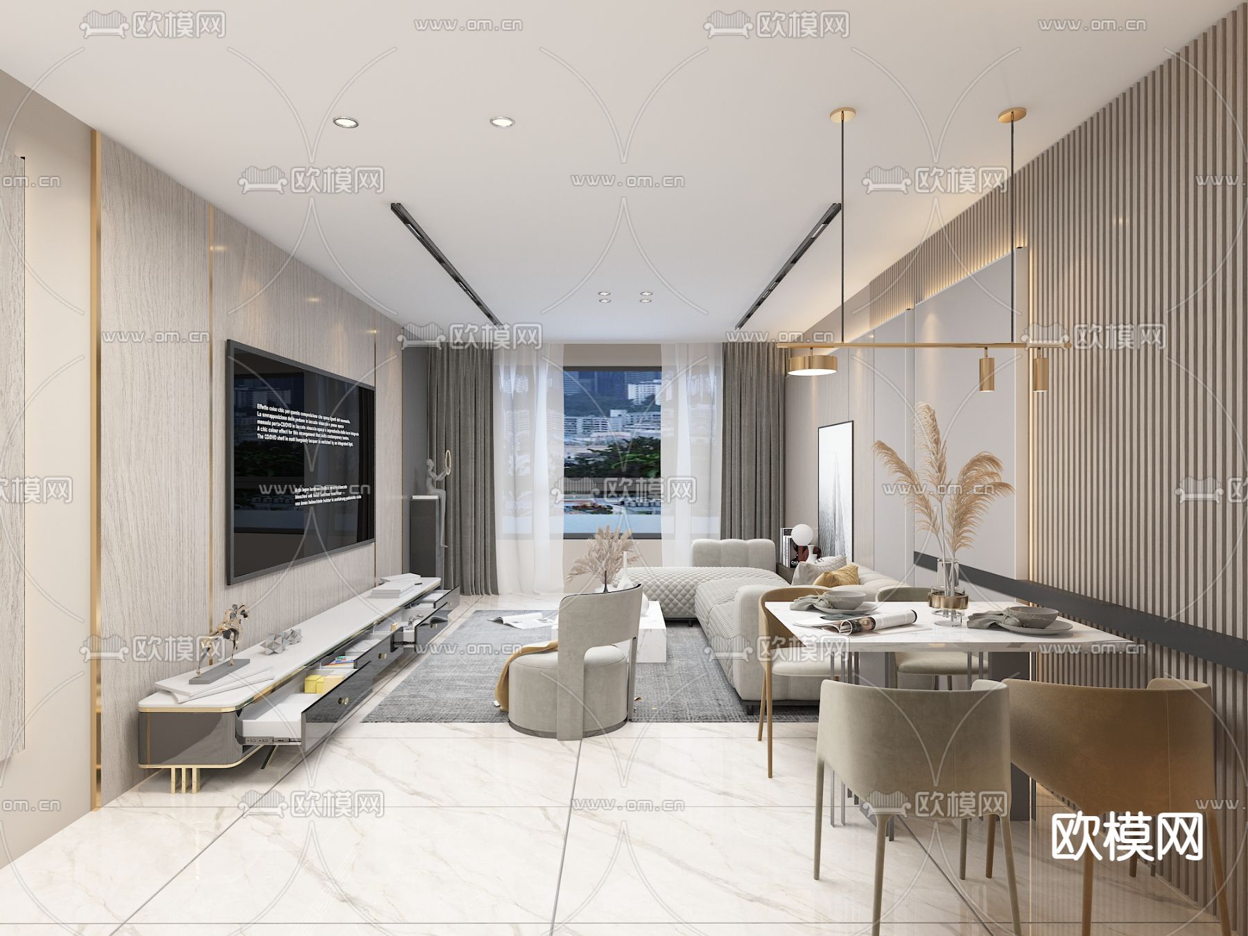 奶油风客厅餐厅免费3d模型下载（渲染图2）