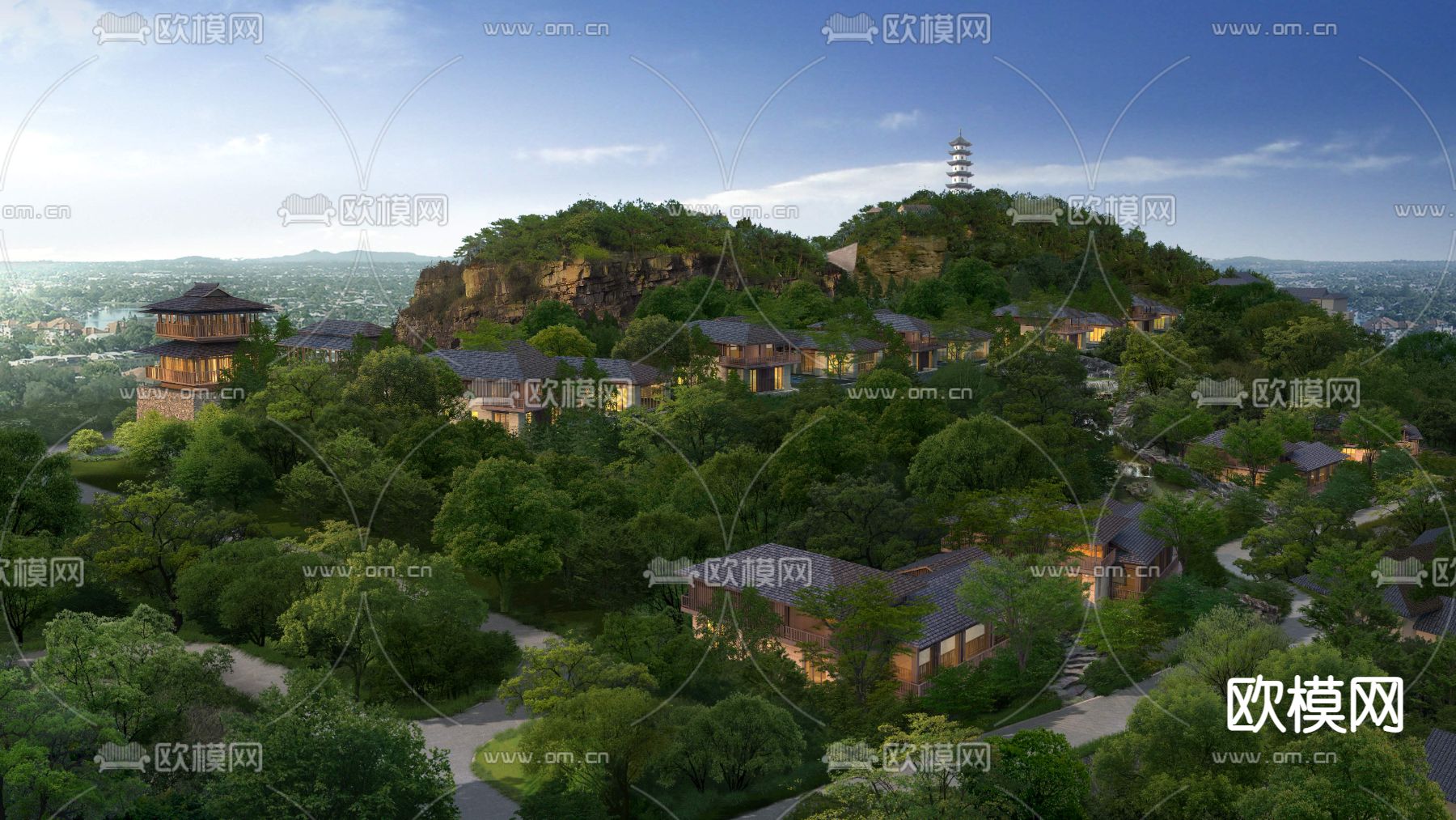 中式山间森林住宅楼外观鸟瞰psd下载