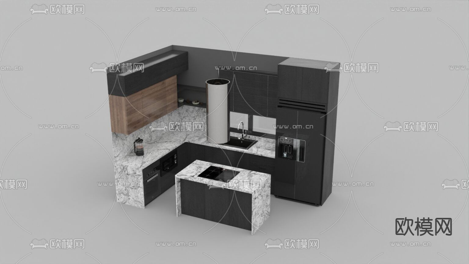 现代轻奢实木大理石橱柜免费3d模型下载