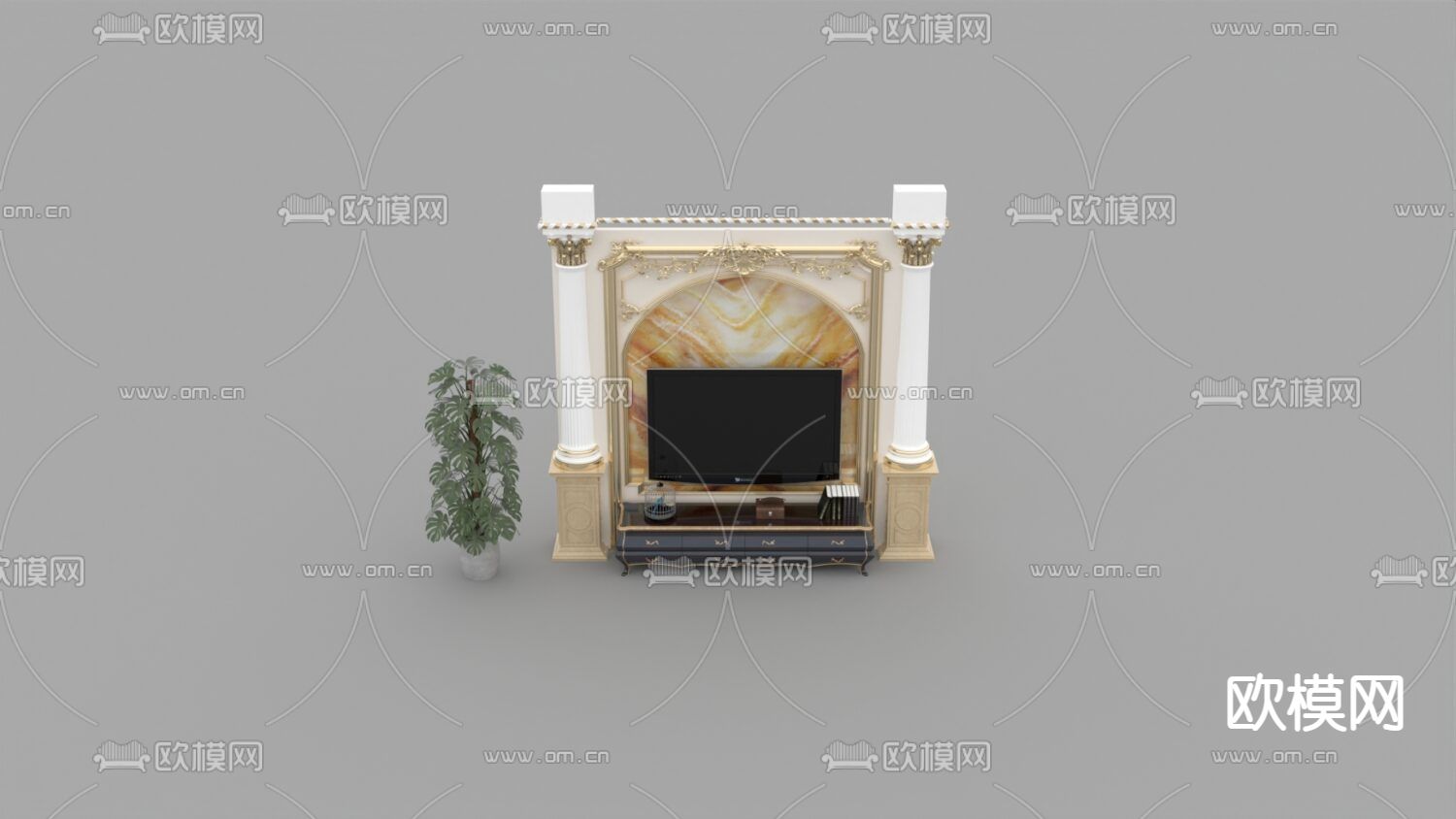 欧式古典大理石描金电视背景墙免费3d模型下载