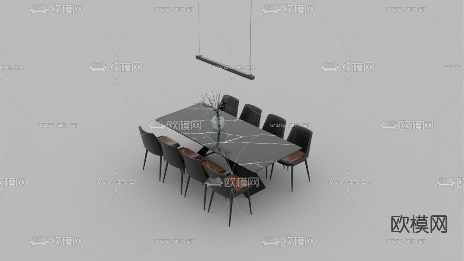 现代轻奢实木皮革大理石餐桌椅免费3d模型下载