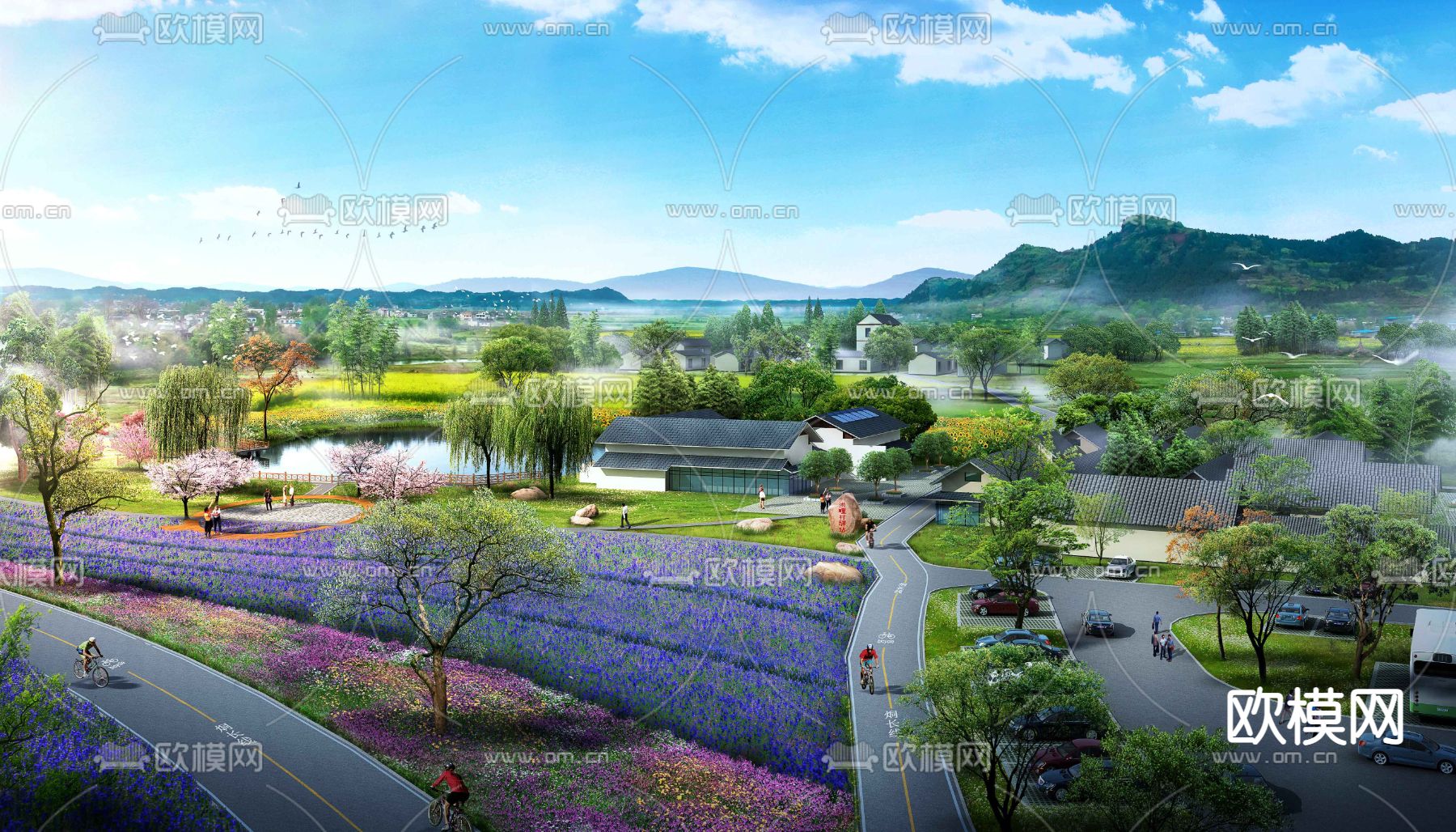 新中式花卉公园鸟瞰psd下载