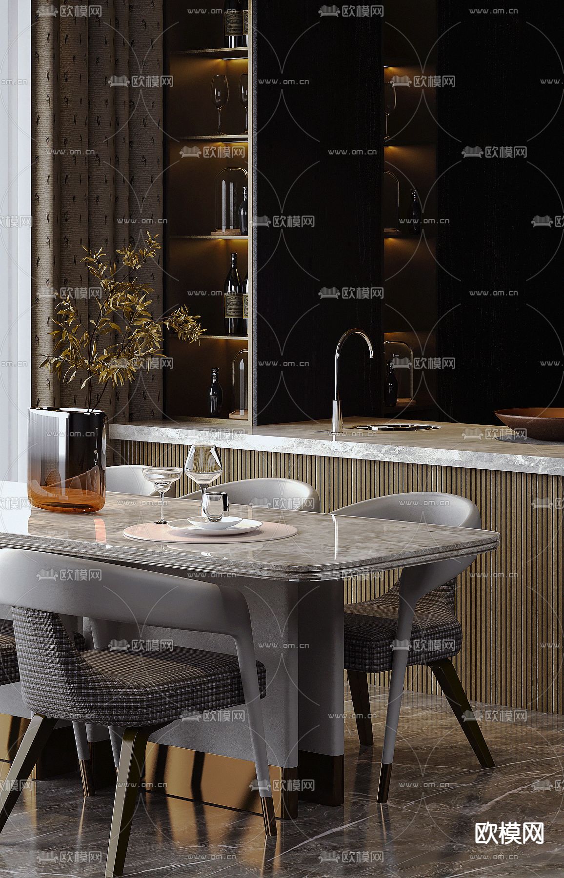 赫尔贝纳设计 现代轻奢餐厅3d模型下载（渲染图1）