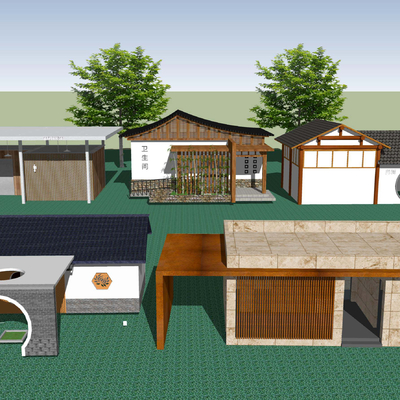  新中式公园公共厕所su模型 