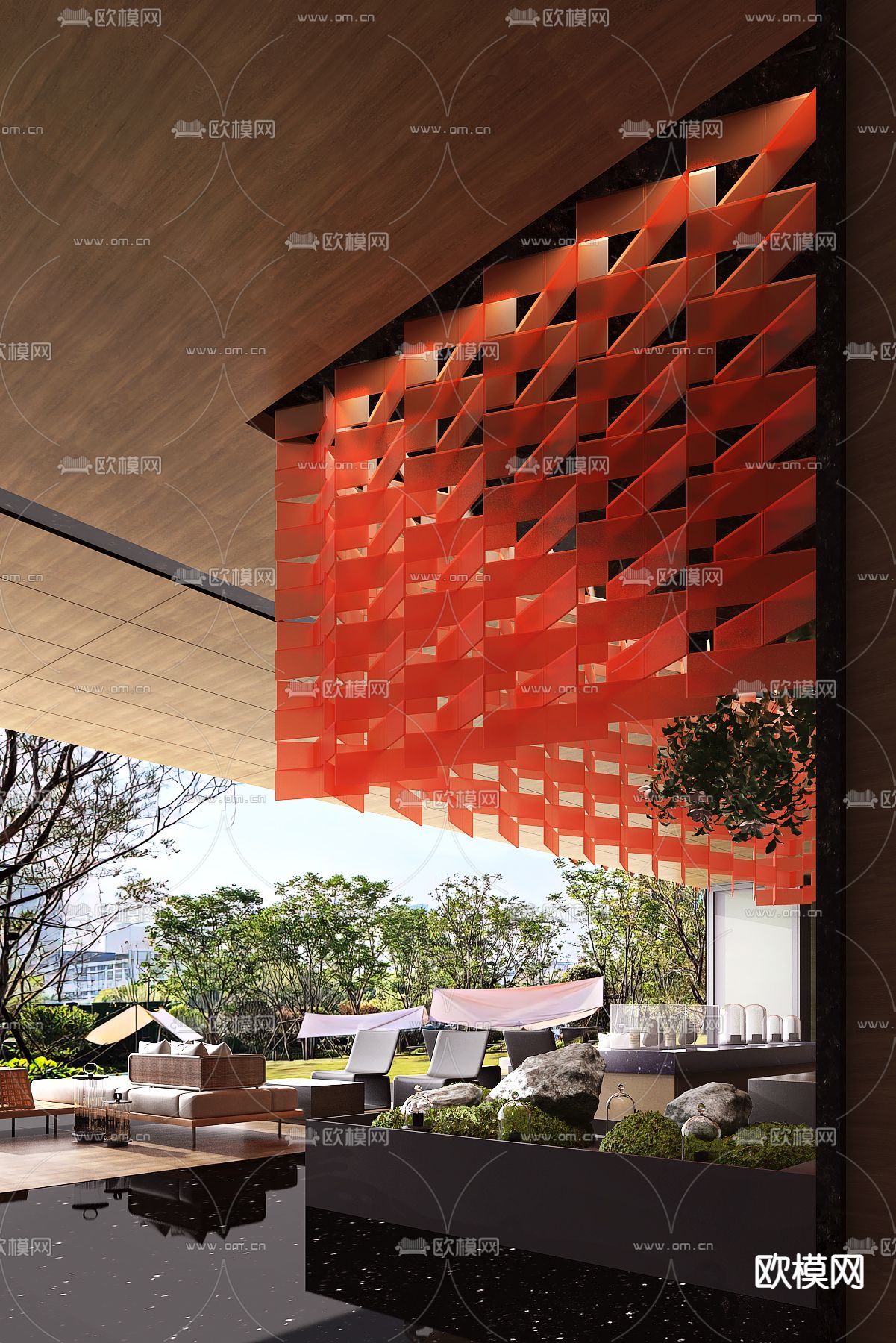 矩阵纵横设计 新中式售楼处洽谈区3d模型下载（渲染图1）