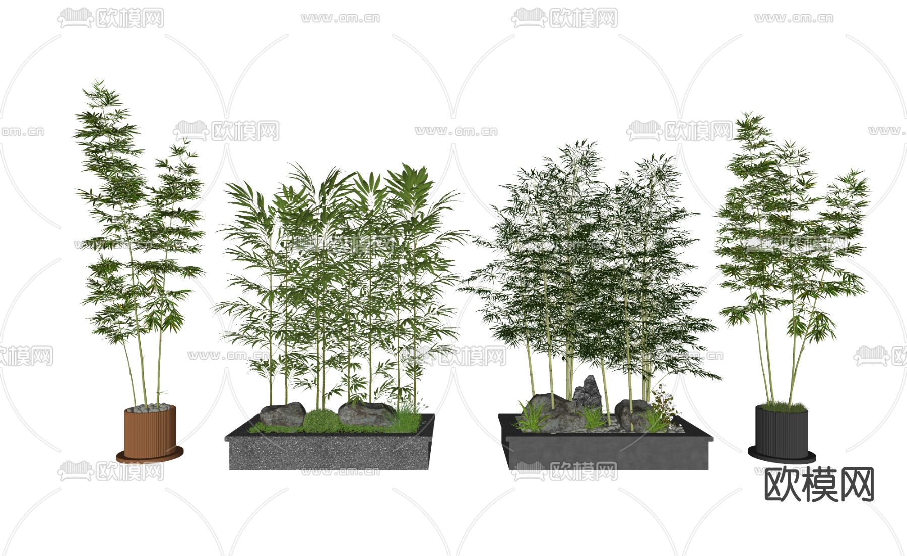 新中式竹子绿植盆栽su模型