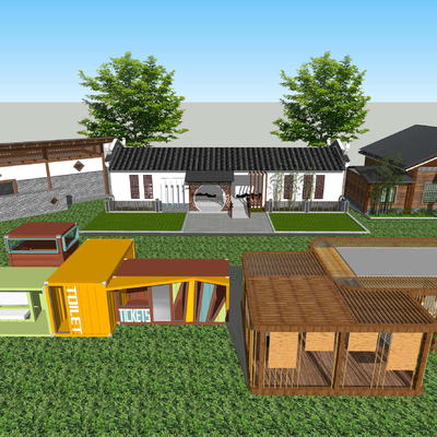  新中式乡村公园公共厕所su模型 