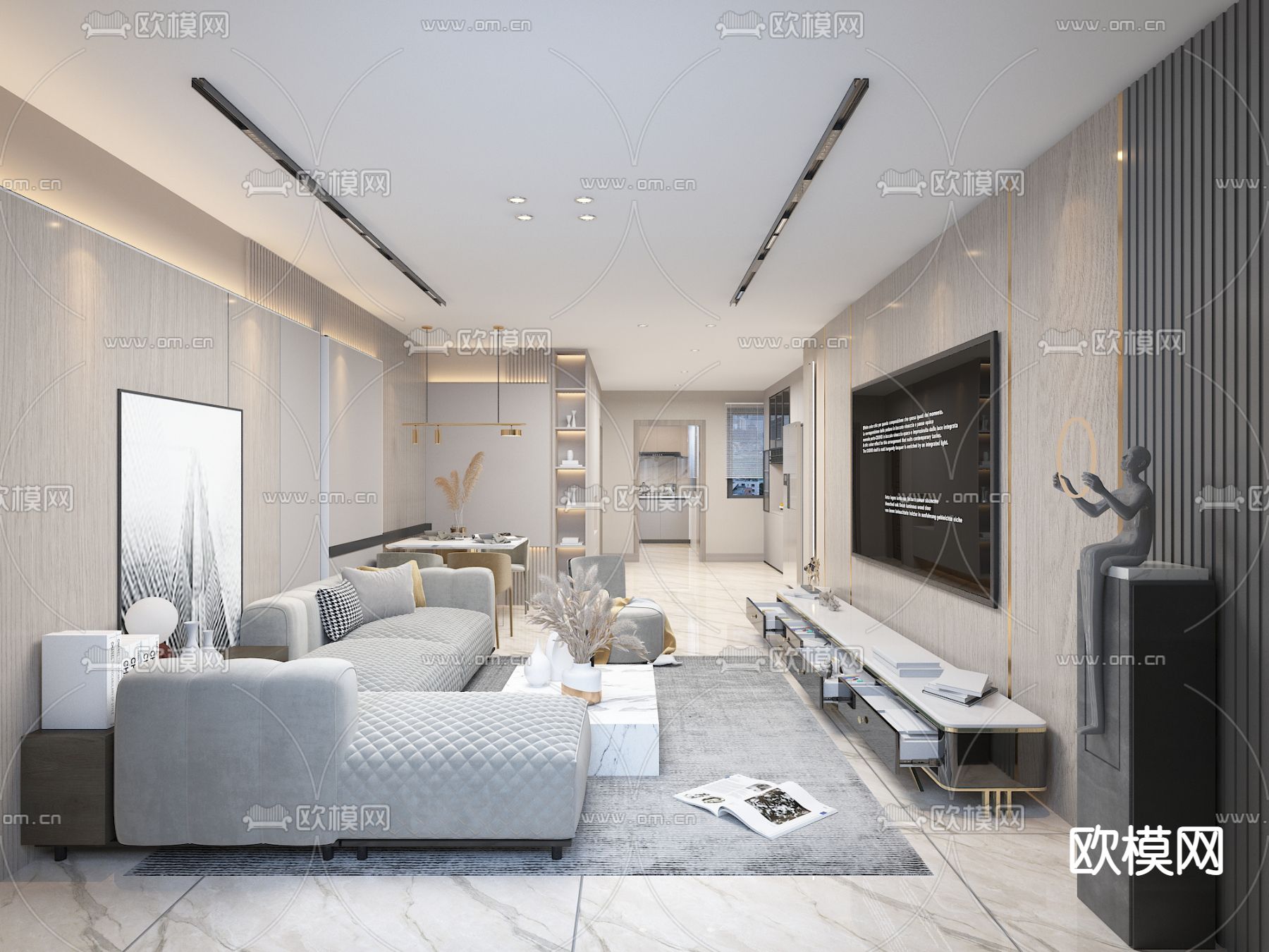 奶油风客厅餐厅免费3d模型下载（渲染图1）