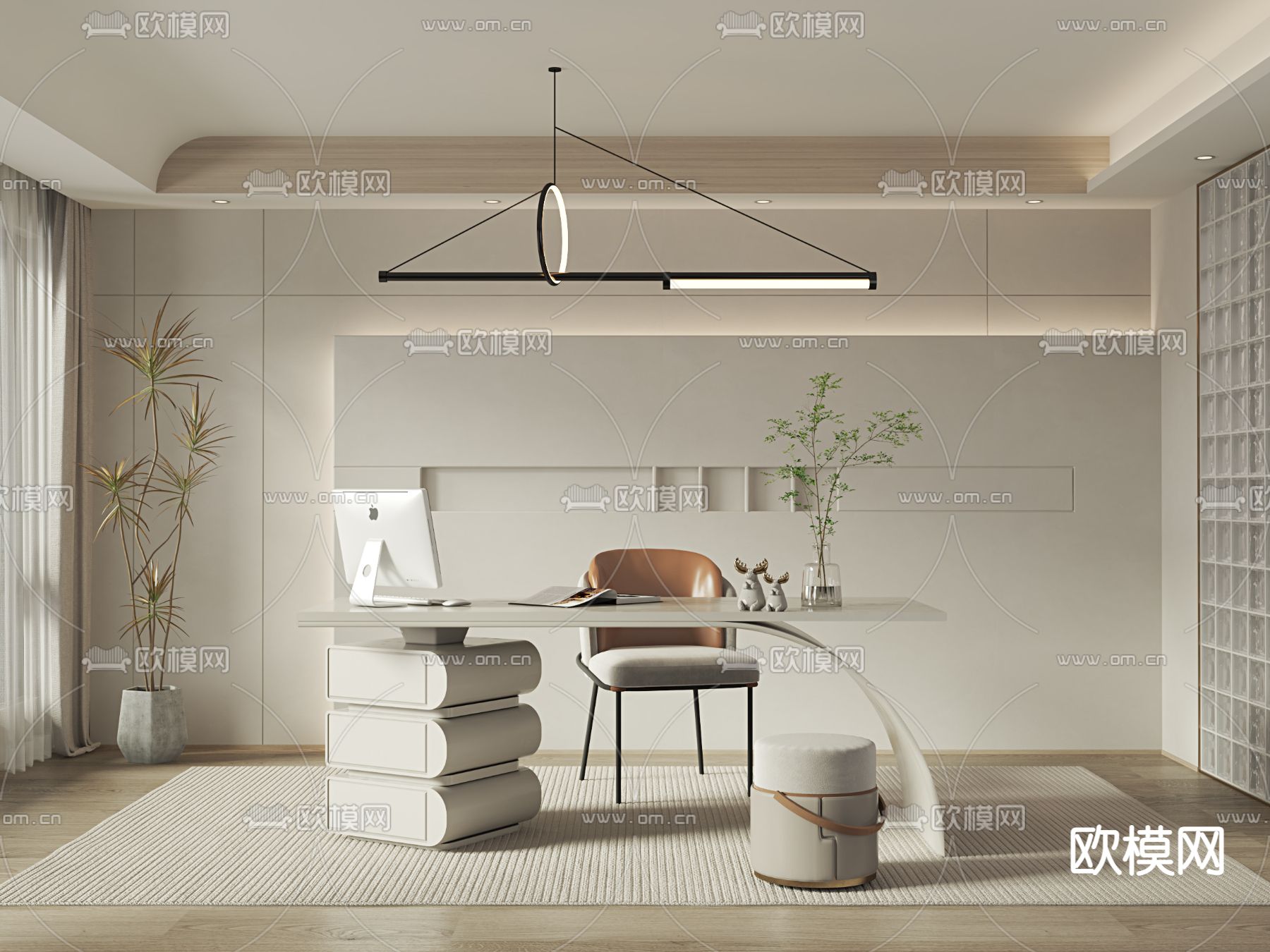 侘寂奶油风书房3d模型下载_ID12125155_3dmax免费模型-欧模网