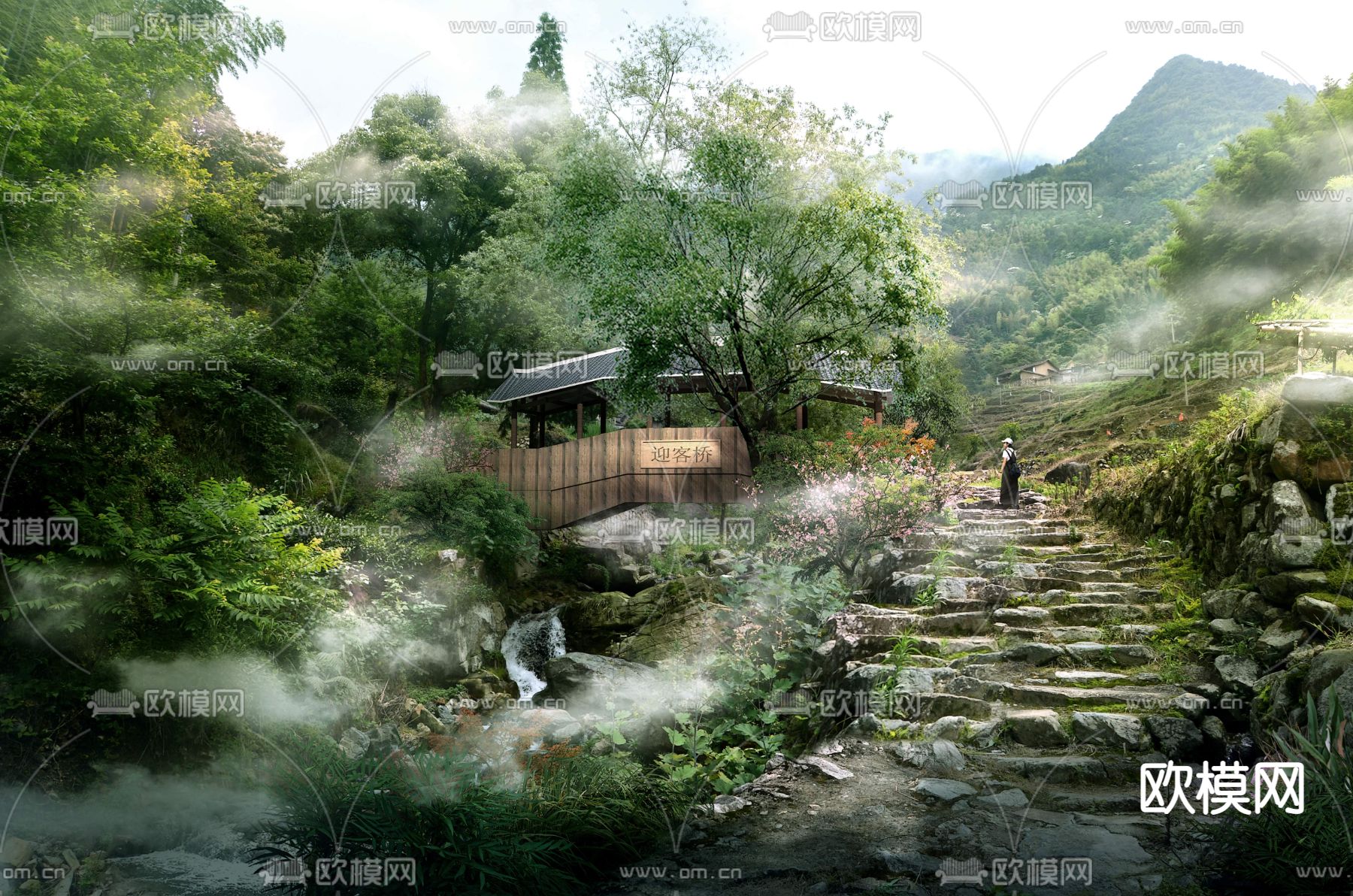 新中式乡村山间迎客桥psd下载