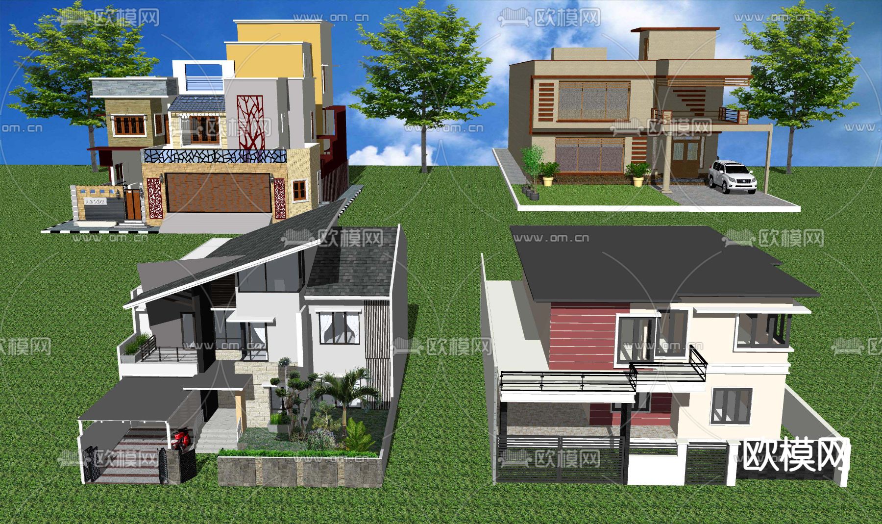 现代独栋别墅民宿 农村自建房su模型下载_ID12125683_sketchup模型下载-欧模网