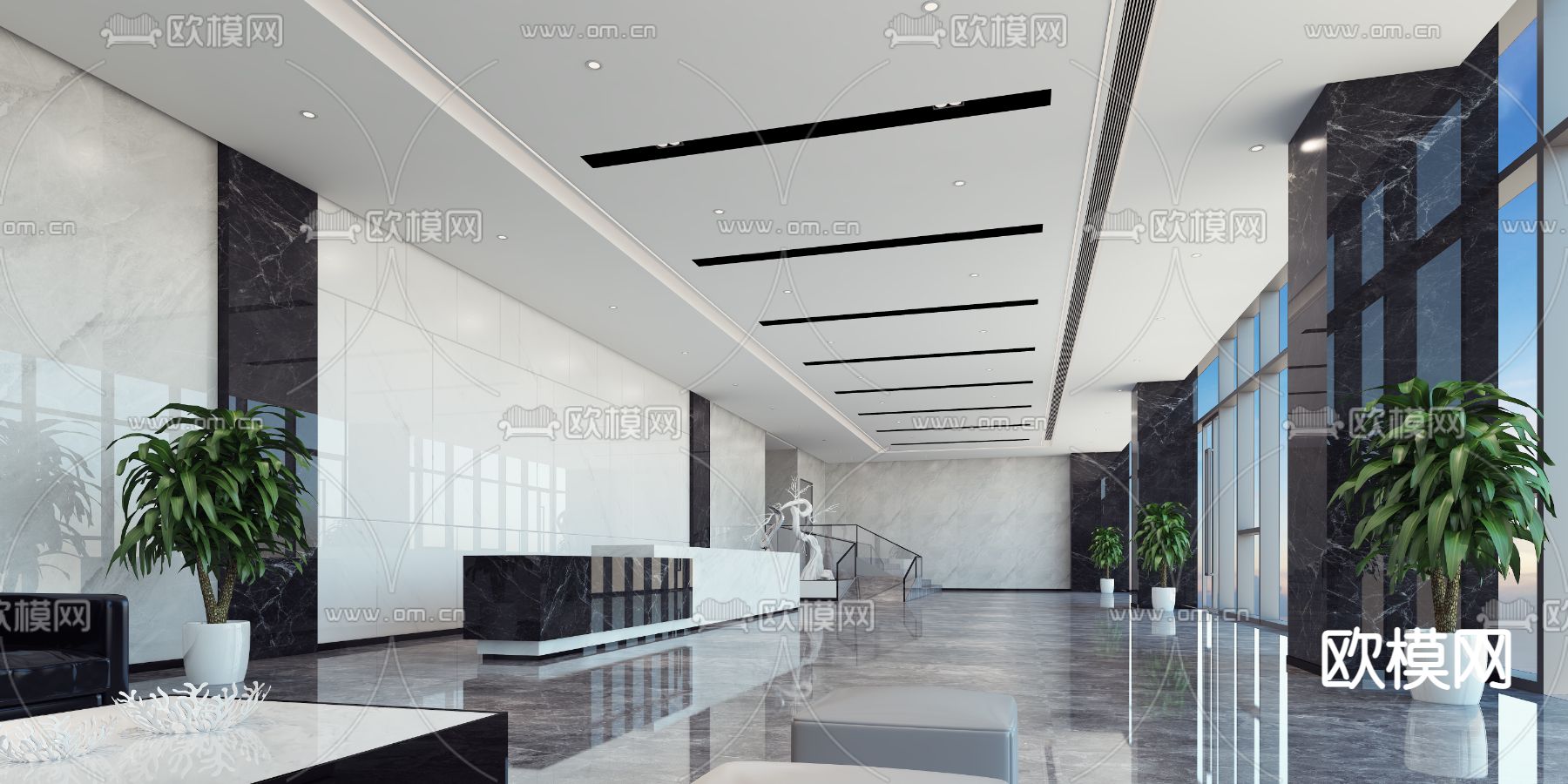 现代商务大堂 写字楼大厅免费3d模型下载（渲染图1）