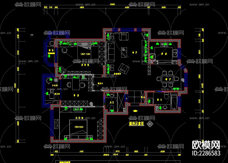 三室二厅两卫cad施工图下载（渲染图3）