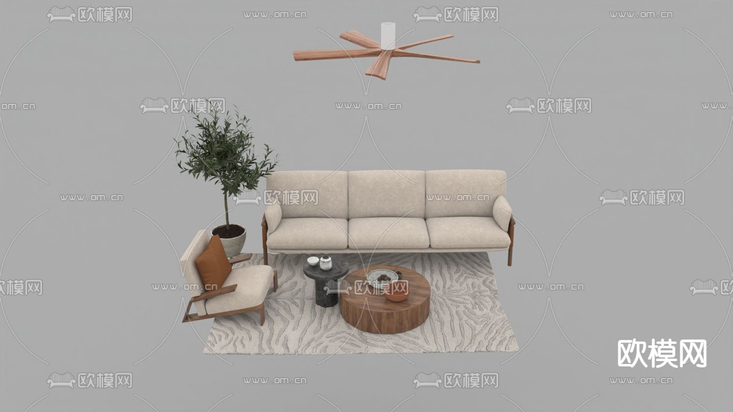 北欧简约布艺实木沙发组合免费3d模型下载