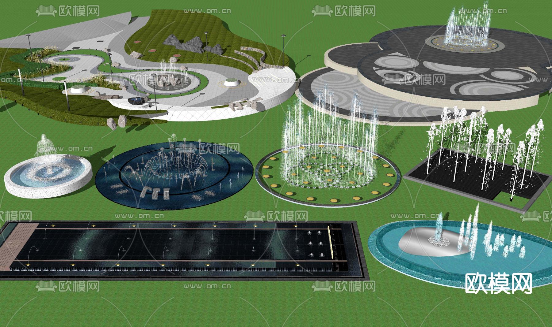 现代广场喷泉 旱喷 水柱 涌泉小品su模型下载_ID12125584_sketchup模型下载-欧模网