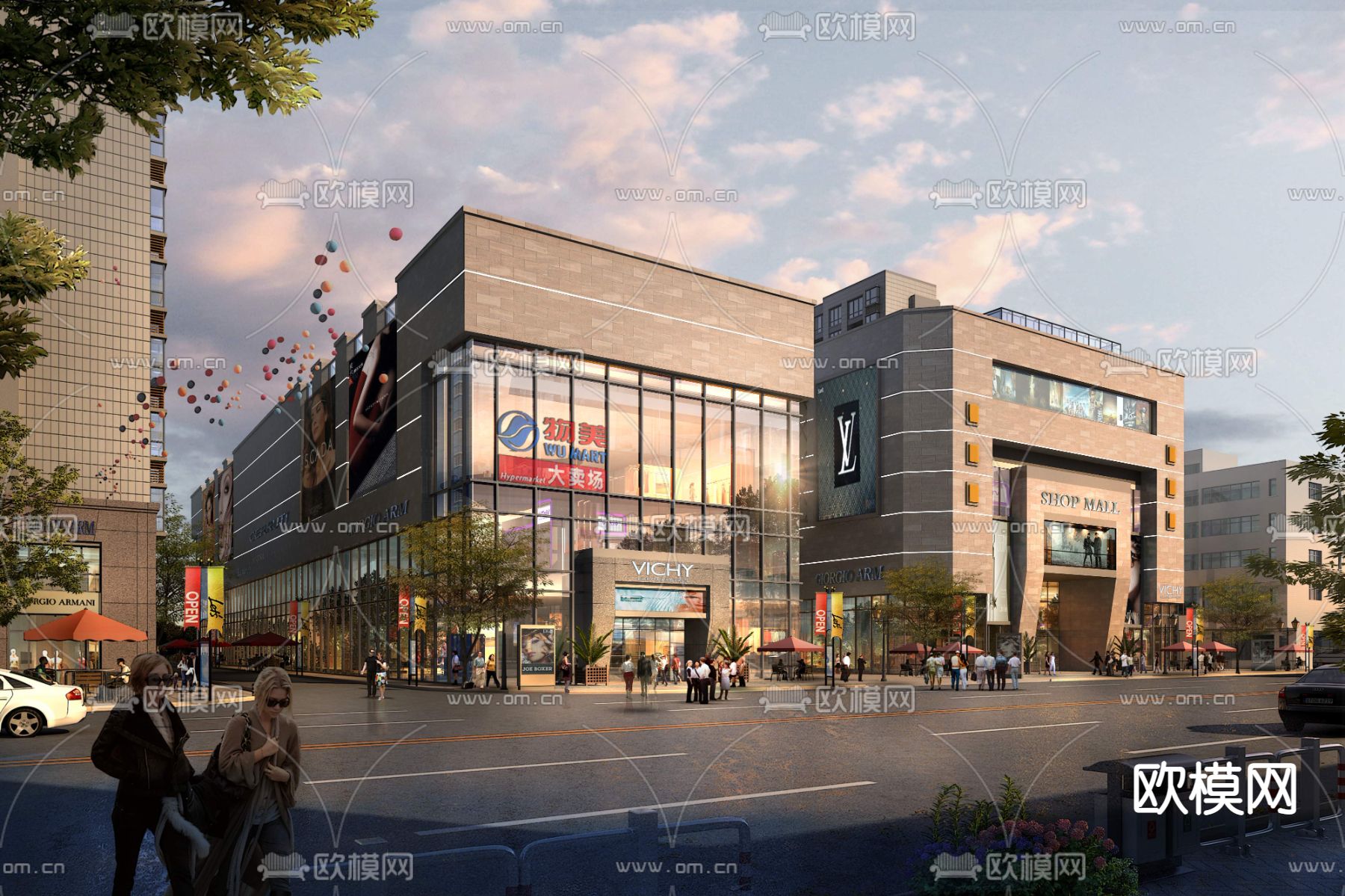 现代商业街建筑外观psd下载