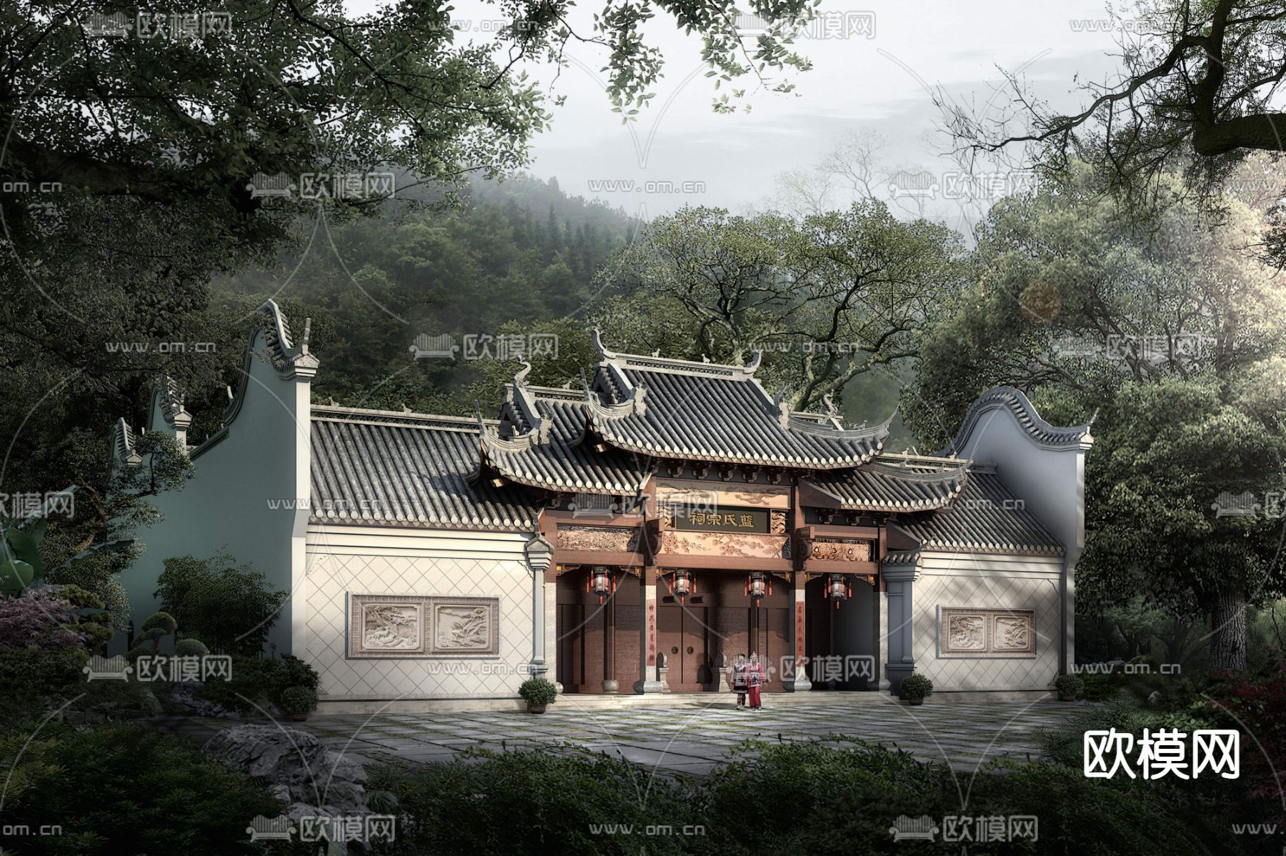 新中式古建筑建筑外观psd下载