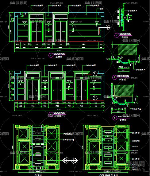 电梯间立面图库cad施工图下载（渲染图4）