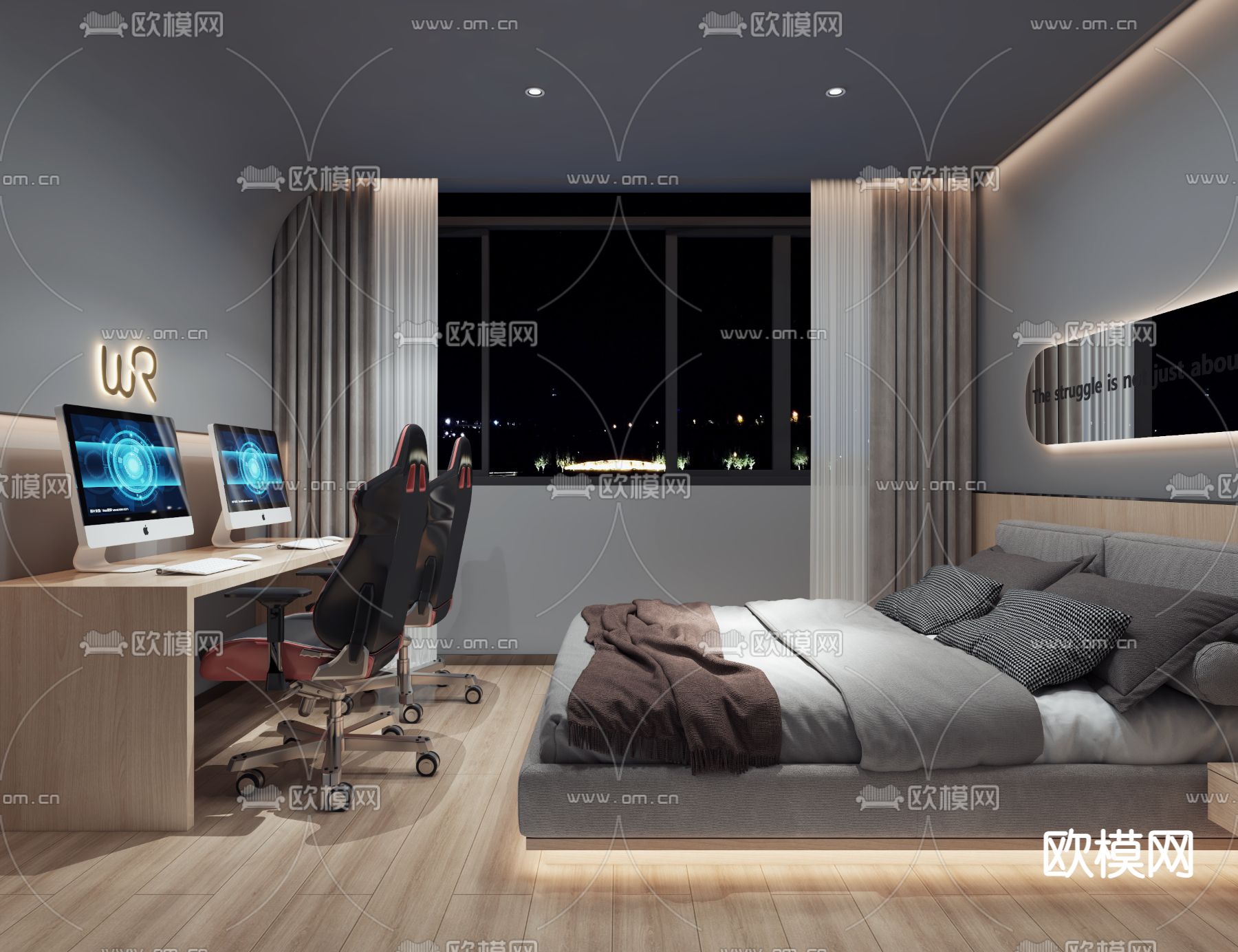 现代电竞酒店客房3d模型下载（渲染图1）