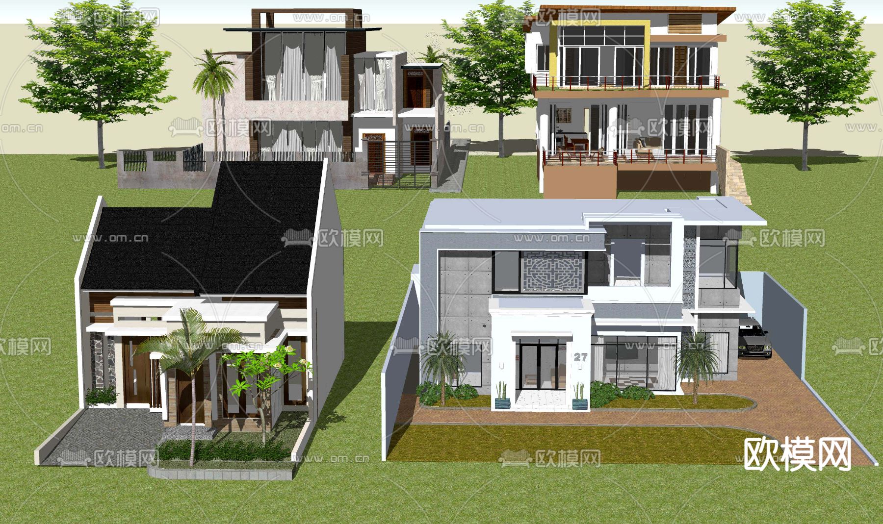 现代独栋别墅外观 农村自建房su模型下载_ID12125582_sketchup模型下载-欧模网