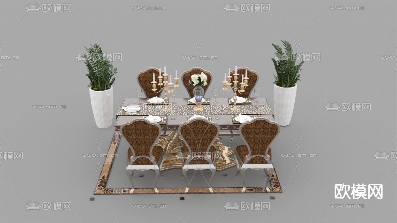 欧式古典实木雕花布艺餐桌椅免费3d模型下载