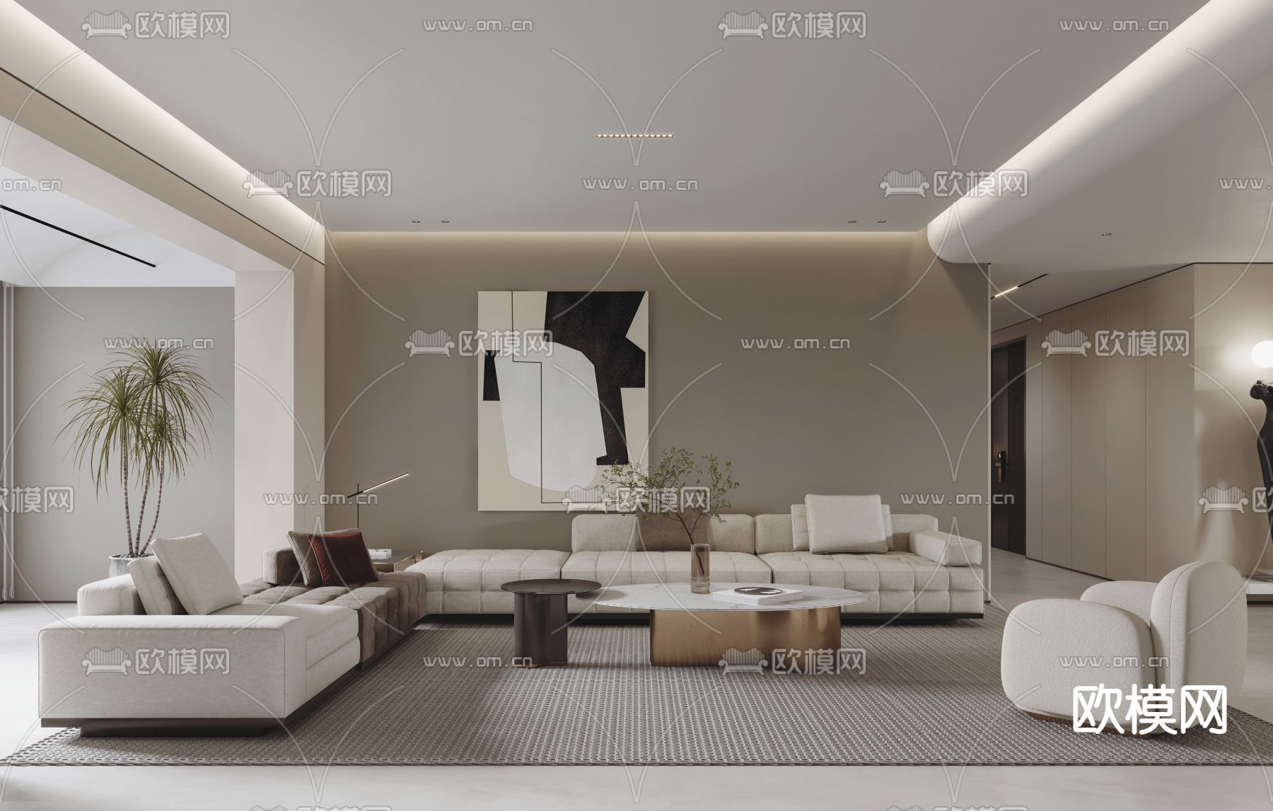 现代大平层客餐厅3d模型下载（渲染图1）