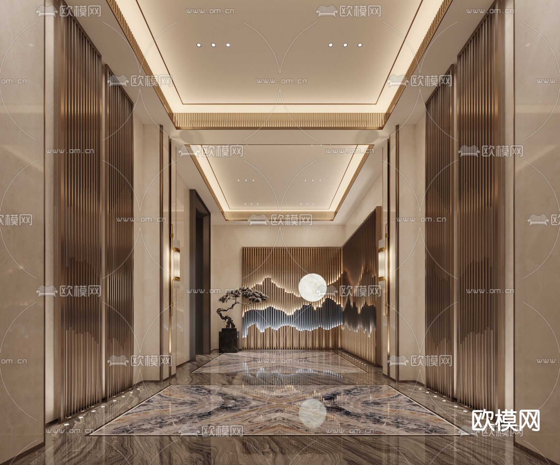 新中式电梯厅 过道3d模型下载（渲染图1）