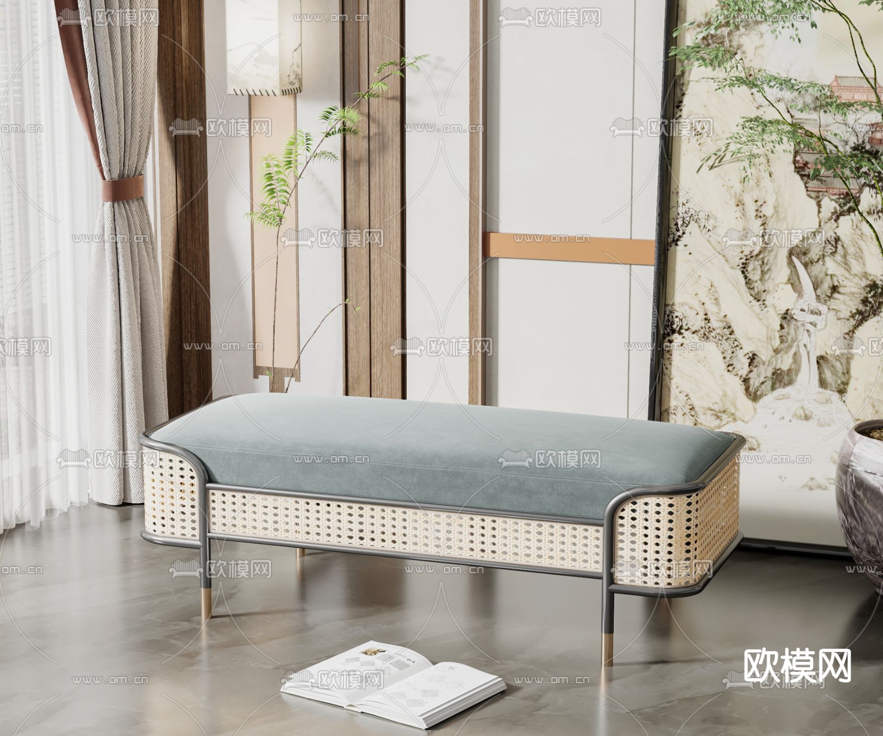 新中式床尾凳脚踏3d模型下载